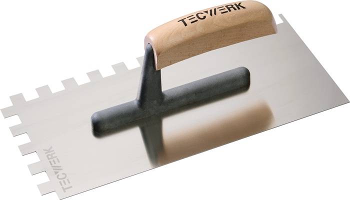 Glättekelle L.280mm B.130mm Zahn 12x12 rostfr.H-Heft VA S.0,7mm TECWERK