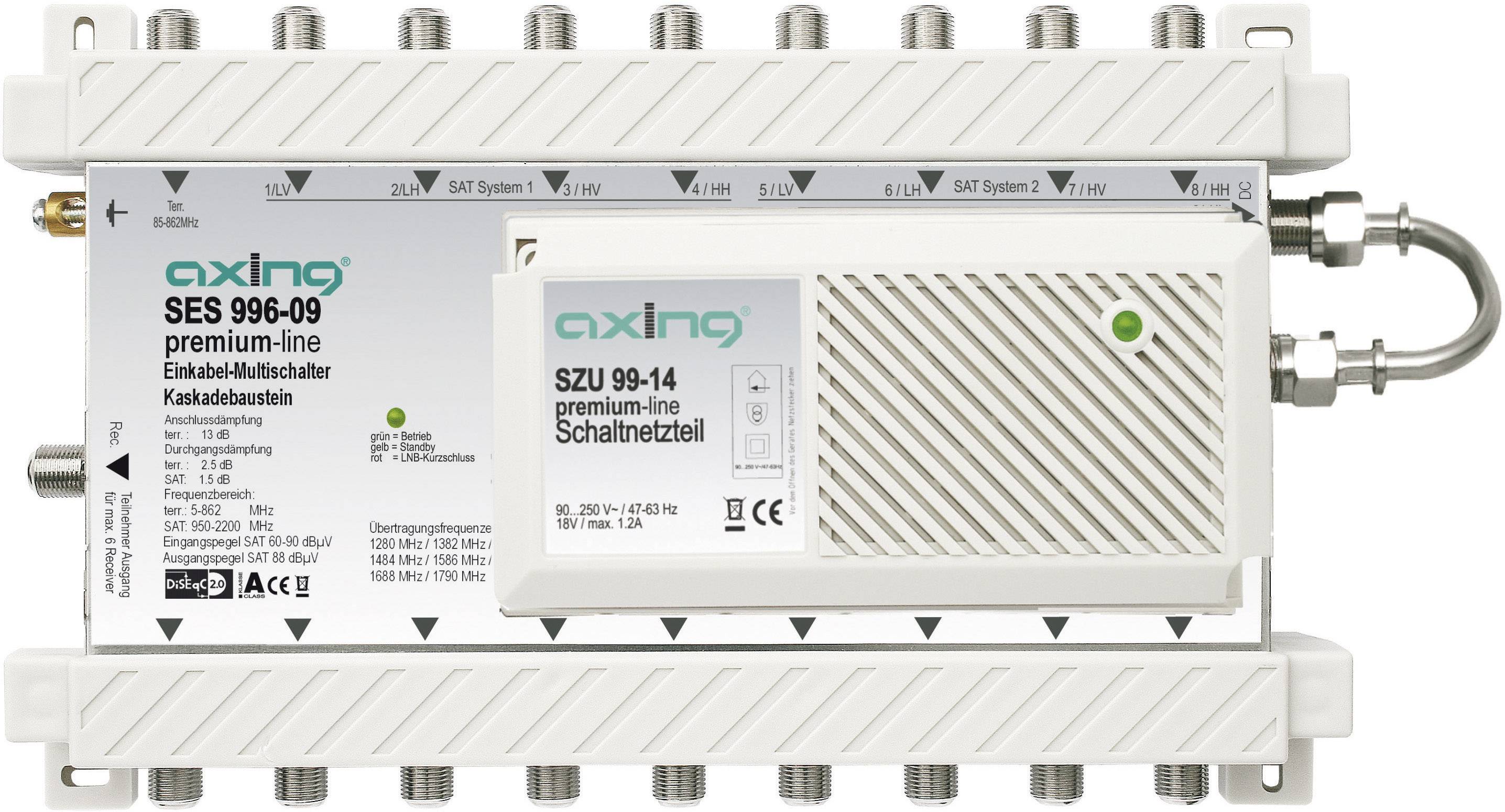 SAT Multischalter Unicable Axing SES 996-19 Eingänge (Multischalter): 9 (8 SAT/1 terrestrisch) Teilnehmer-Anzahl: 6