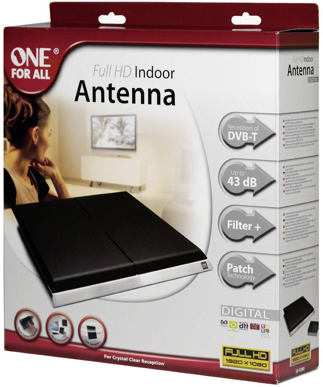 One For All SV 9390 DVB-T, DVB-T2 Flachantenne Innenbereich 43 dB Schwarz, Silber (gebürstet)