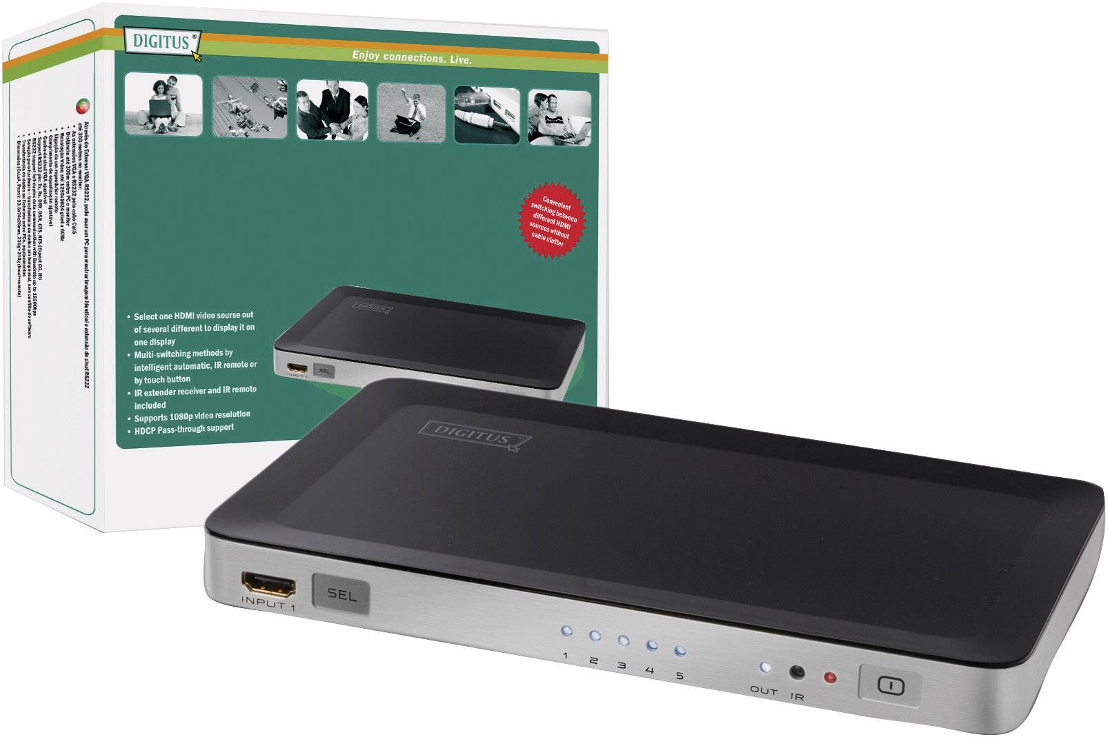 Digitus DS-45300 5 Port HDMI-Switch mit Fernbedienung, 3D-Wiedergabe möglich 1920 x 1080 Pixel