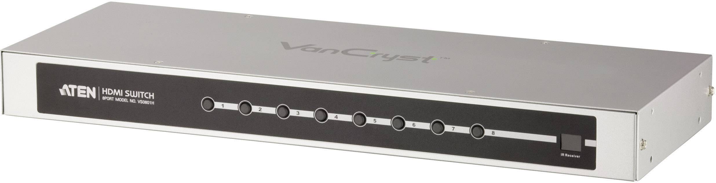 Ein HDMI-Switch mit acht Eingängen und einer Taste für die Auswahl. Aufschrift: 'ATEN HDMI Switch'.