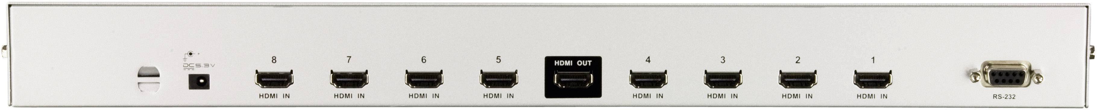 Rückseite eines Geräts mit acht HDMI-Anschlüssen, Ethernet-Port und serieller Schnittstelle für Konnektivität.