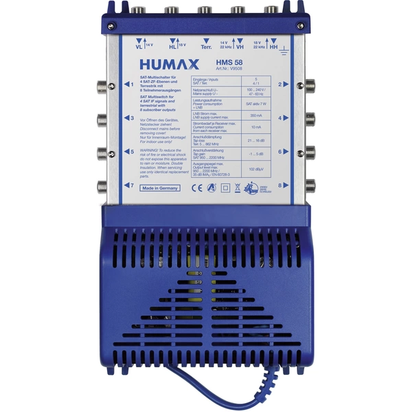 Humax HMS 58 SAT Multischalter Eingänge (Multischalter): 5 (4 SAT/1 terrestrisch) Teilnehmer-Anzahl: 8 StandBy-Funktion Humax HMS 58 SAT Multischalter Eingänge (Multischalter): 5 (4 SAT/1 terrestrisch) Teilnehmer-Anzahl: 8 StandBy-Funktion