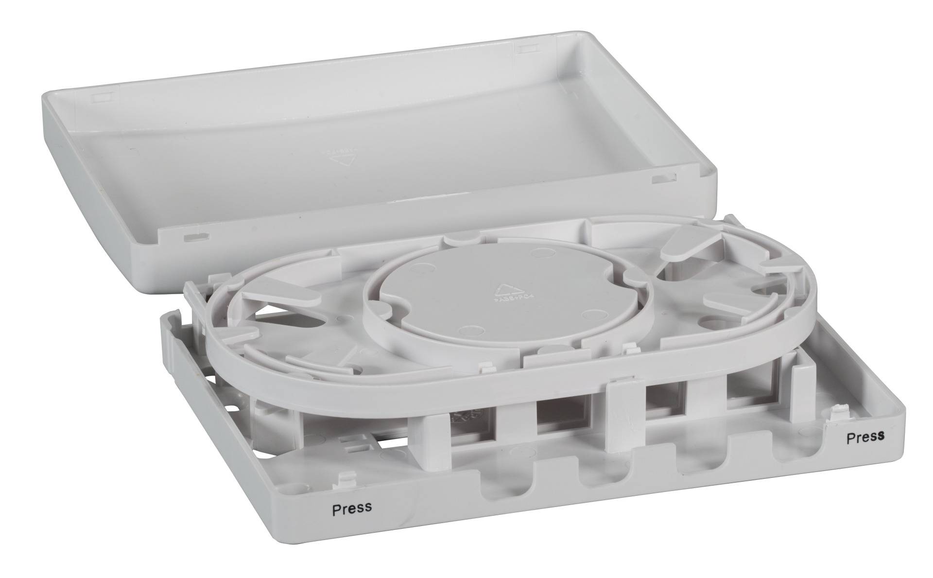 FTTH Indoor Anschlussbox für 4Fasern -- 4Kupplungen, Faserüberlängenaufnahme Glasfaserverkabelung