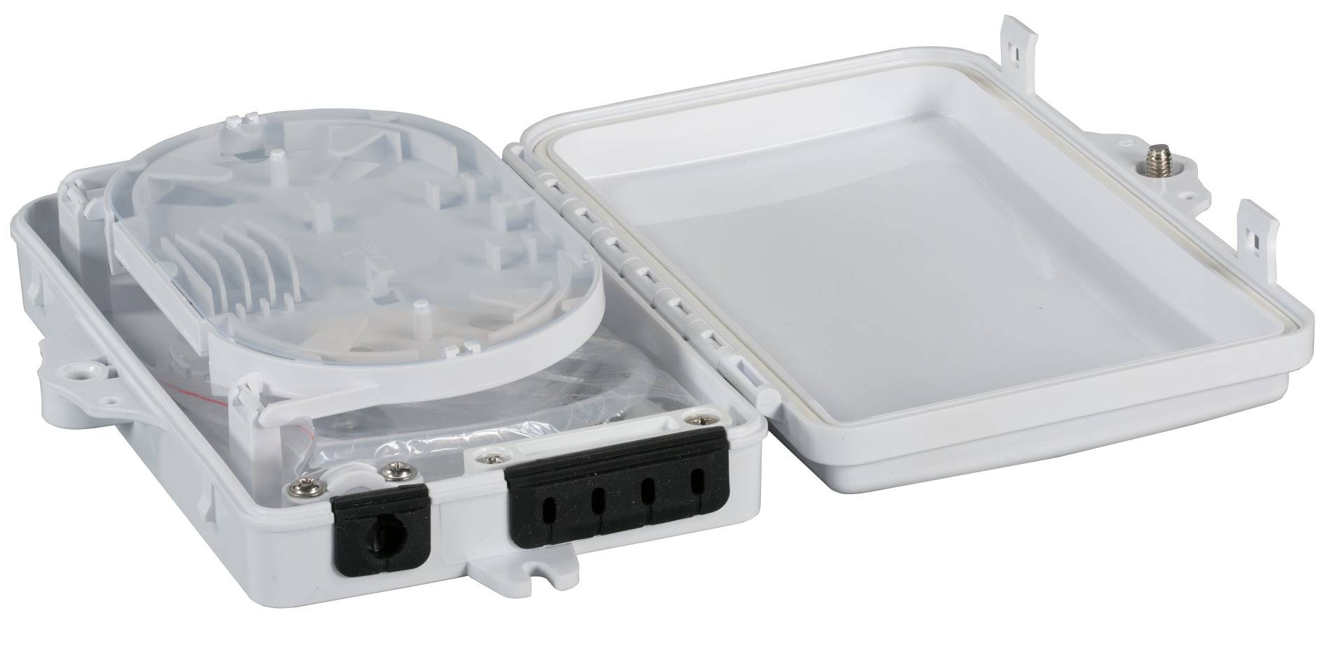 FTTH IP65 Anschlussbox für 8 Fasern, 4 Kupplungen -- und Faserüberlängenaufnahme Glasfaser