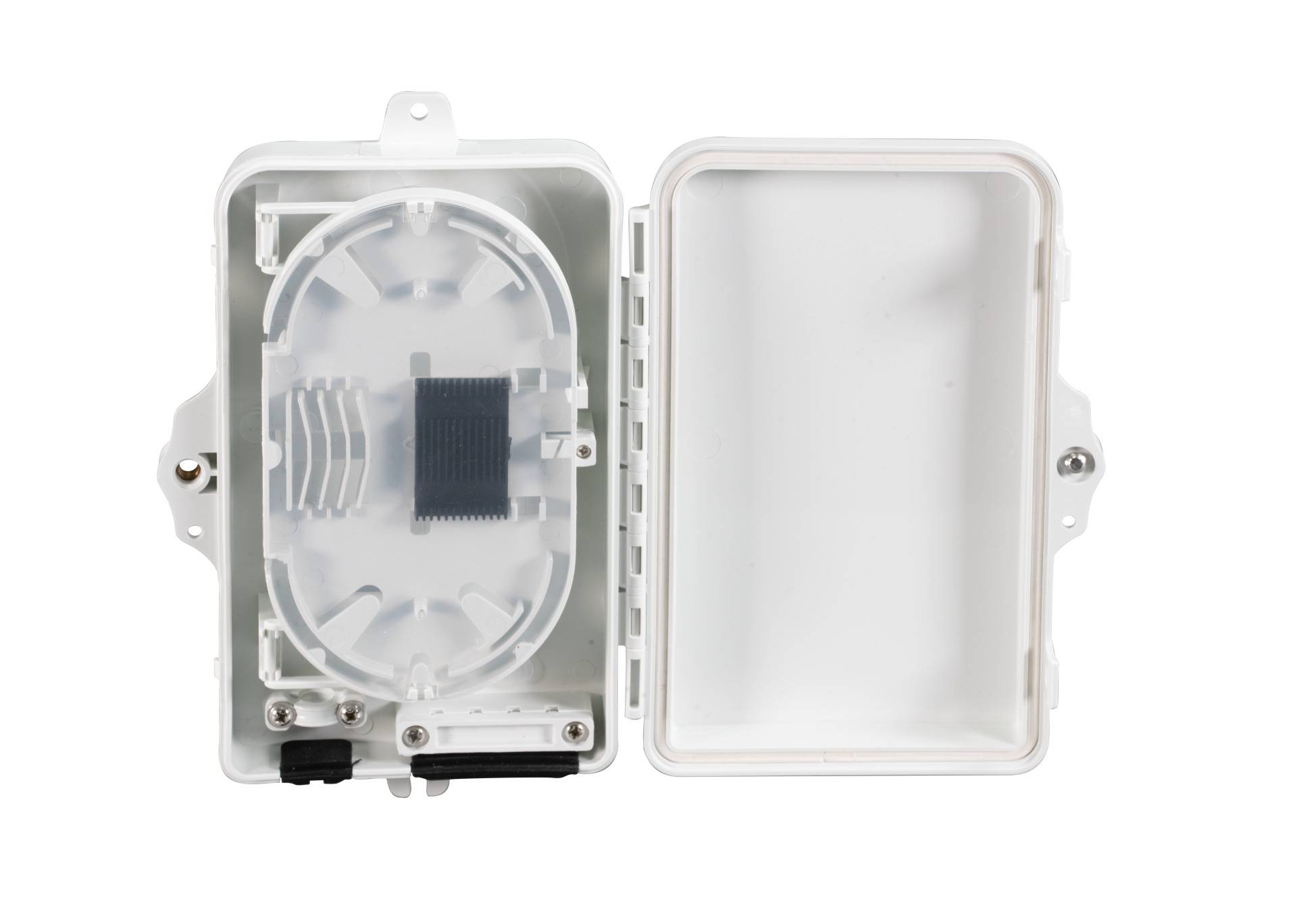 FTTH IP65 Anschlussbox für 8 Fasern, 4 Kupplungen -- und Faserüberlängenaufnahme Glasfaser