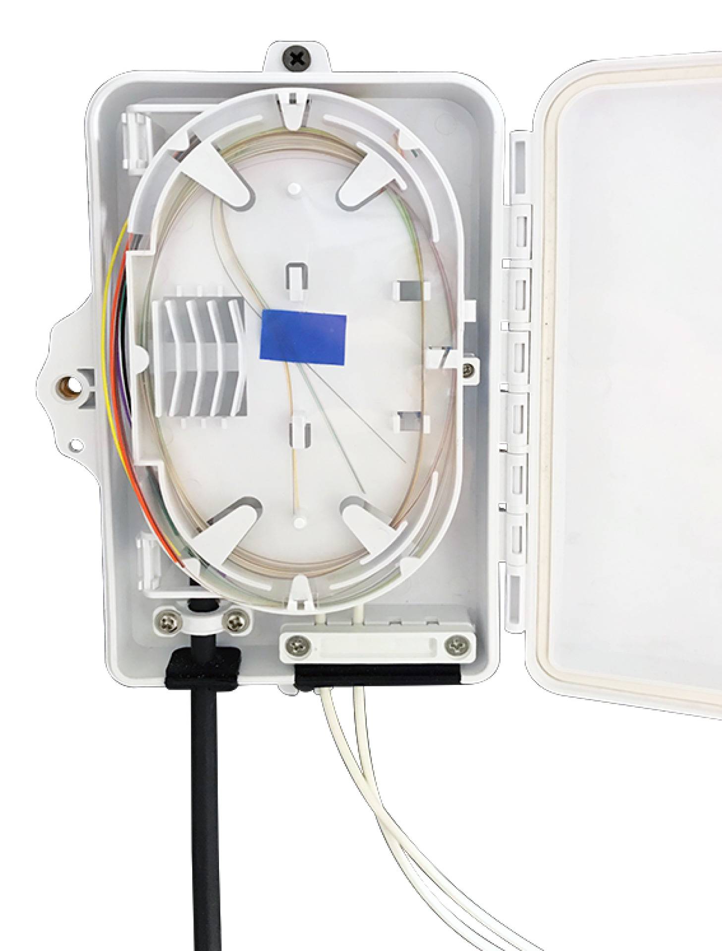 FTTH IP65 Anschlussbox für 8 Fasern, 4 Kupplungen -- und Faserüberlängenaufnahme Glasfaser