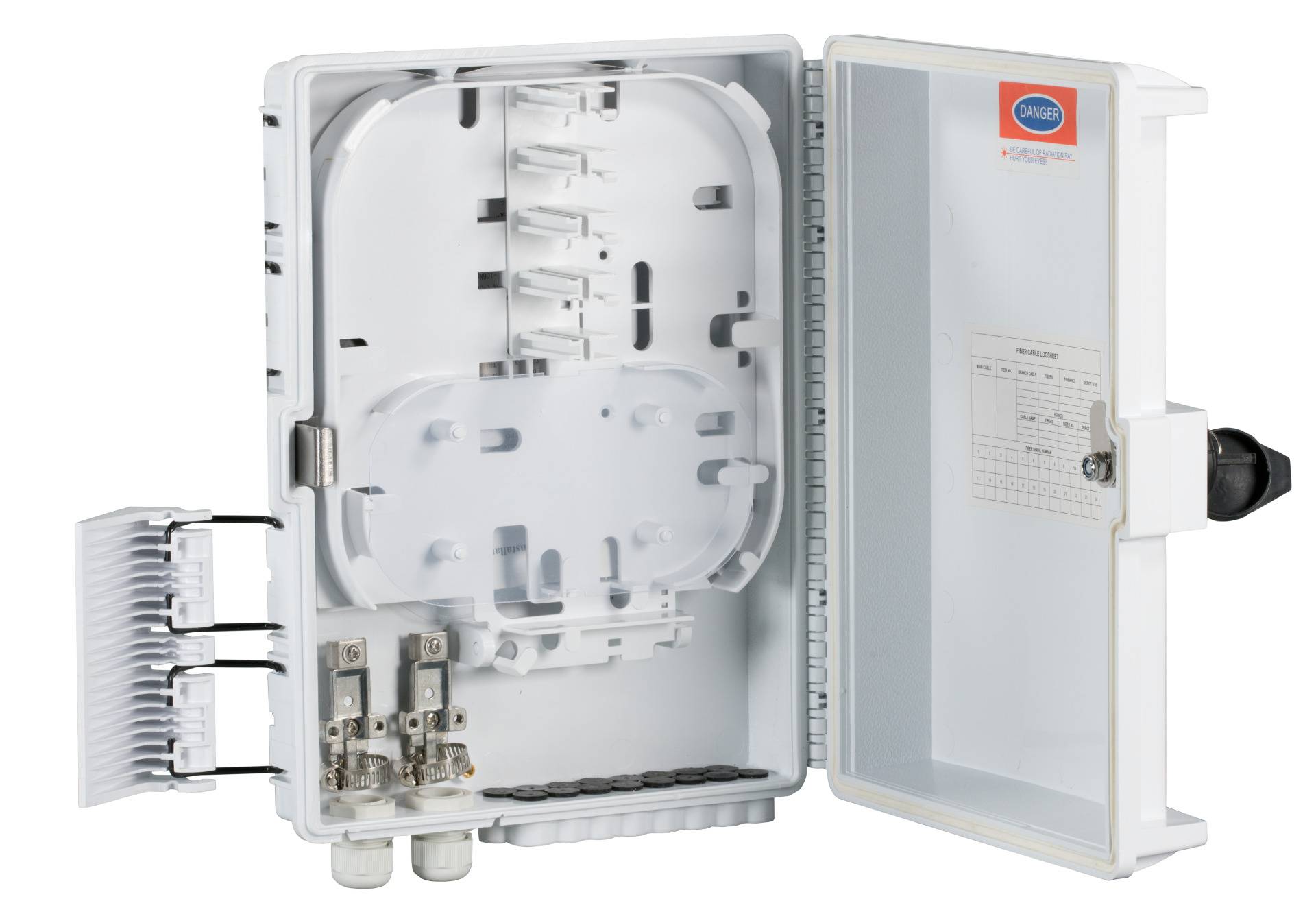 FTTH IP65 Anschlussbox für 32 Fasern,16 Kupplungen, und Faserüberlängenaufnahme Glasfaser