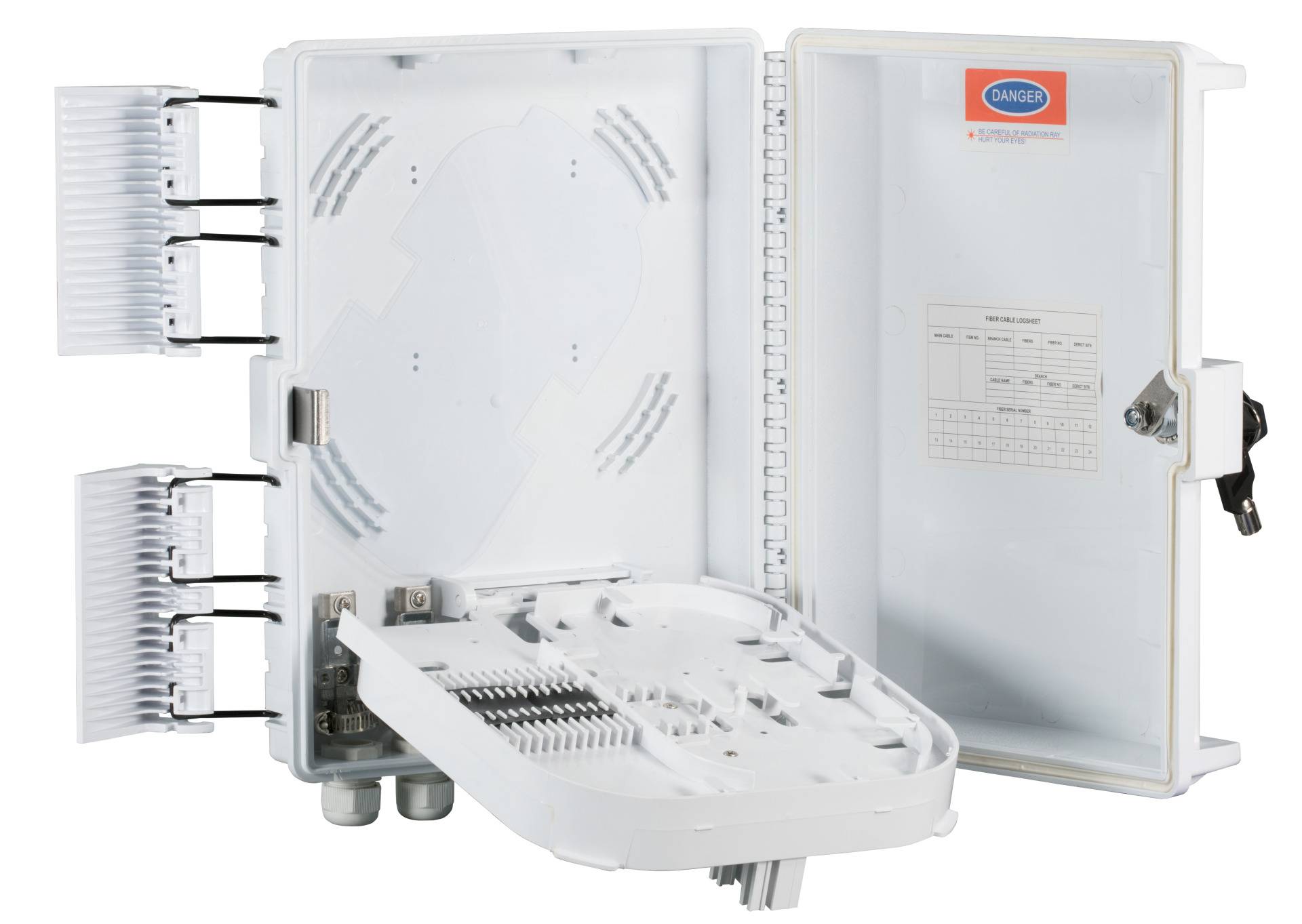 FTTH IP65 Anschlussbox für 32 Fasern,16 Kupplungen, und Faserüberlängenaufnahme Glasfaser