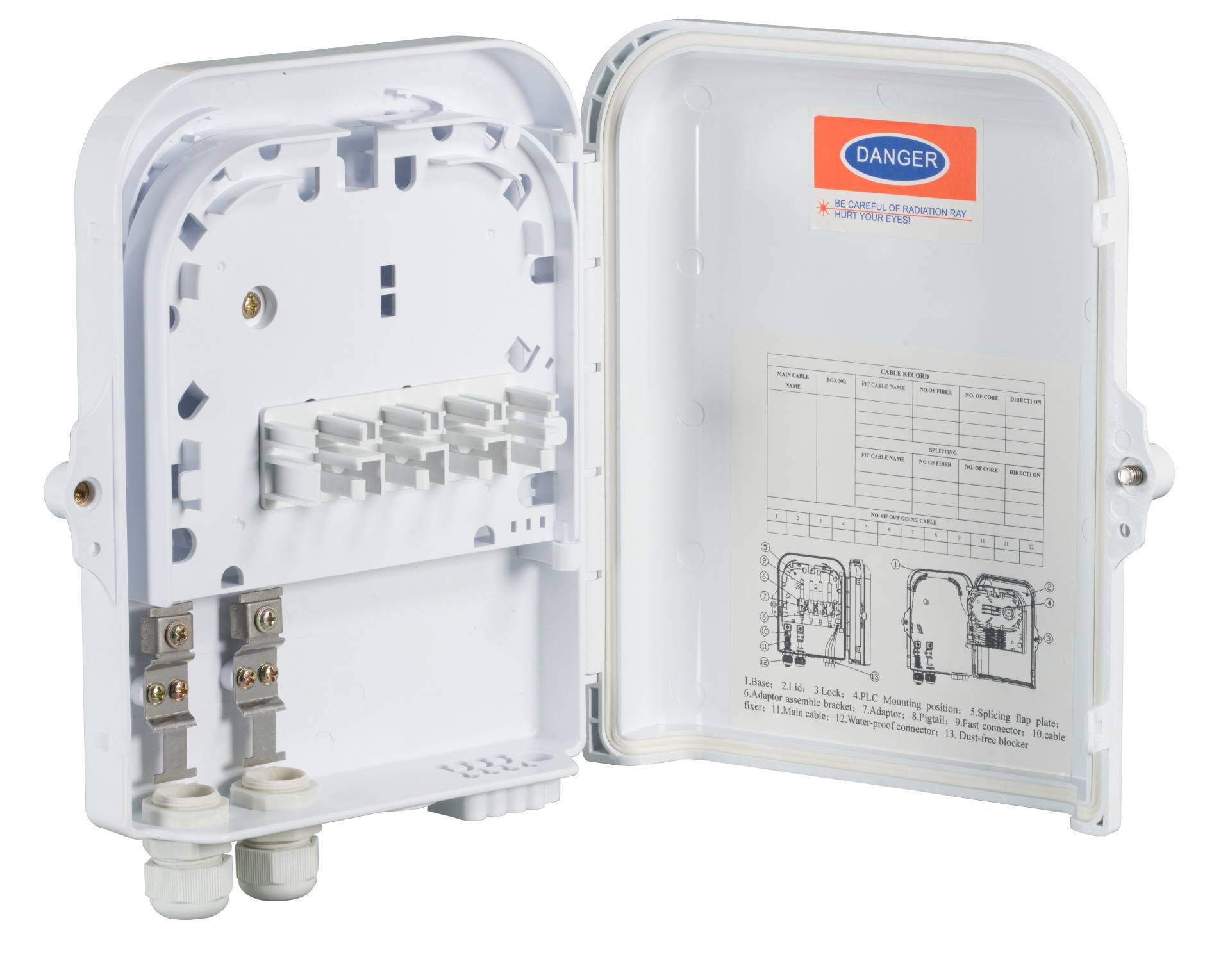 FTTH IP65 Anschlussbox für 16 Fasern, 8 Kupplungen -- und Faserüberlängenaufnahme Glasfaser