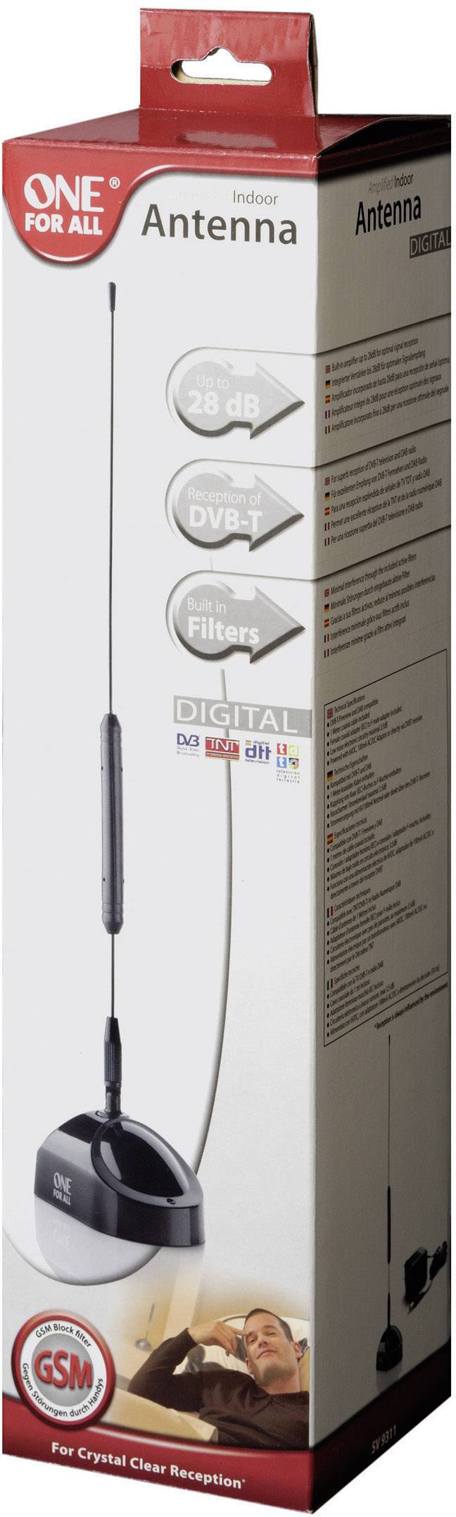 One For All SV-9311 Aktive DVB-T/T2-Stabantenne Innenbereich Verstärkung: 28 dB Schwarz