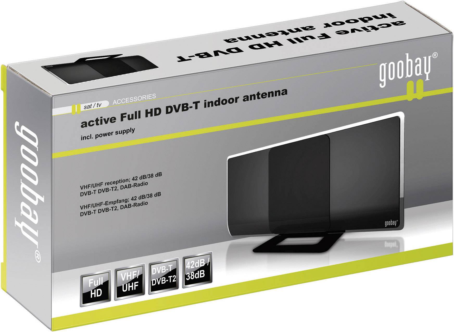 Goobay DIA 42 PS Aktive DVB-T/T2 Flachantenne Innenbereich Verstärkung: 42 dB Schwarz