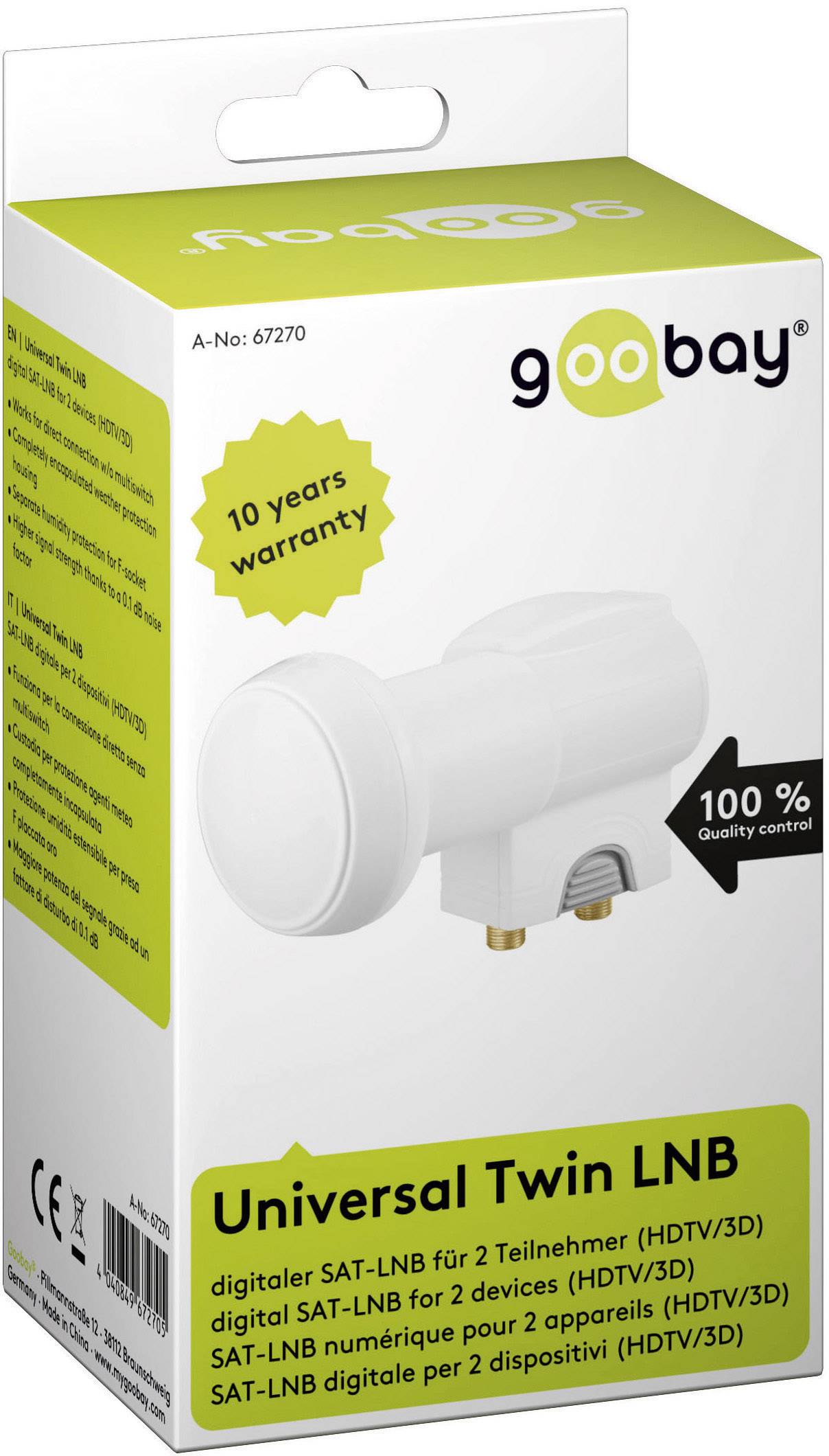 Goobay Universal Twin-LNB Teilnehmer-Anzahl: 2 Feedaufnahme: 40 mm vergoldete Anschlüsse Hellgrau