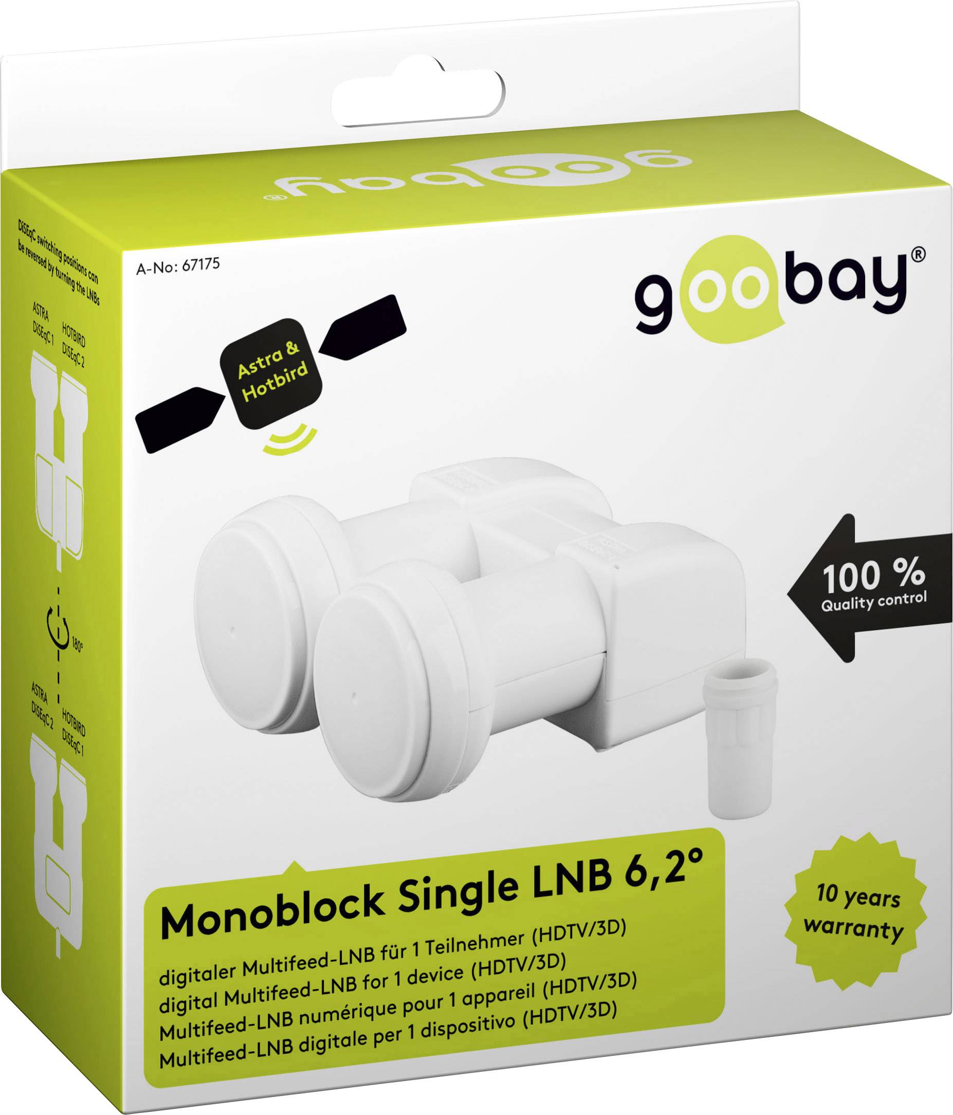 Goobay Monoblock Single LNB 6,2 Grad Single-LNB Monoblock Teilnehmer-Anzahl: 1 Feedaufnahme: 40 mm vergoldete Anschlüsse Hellgrau