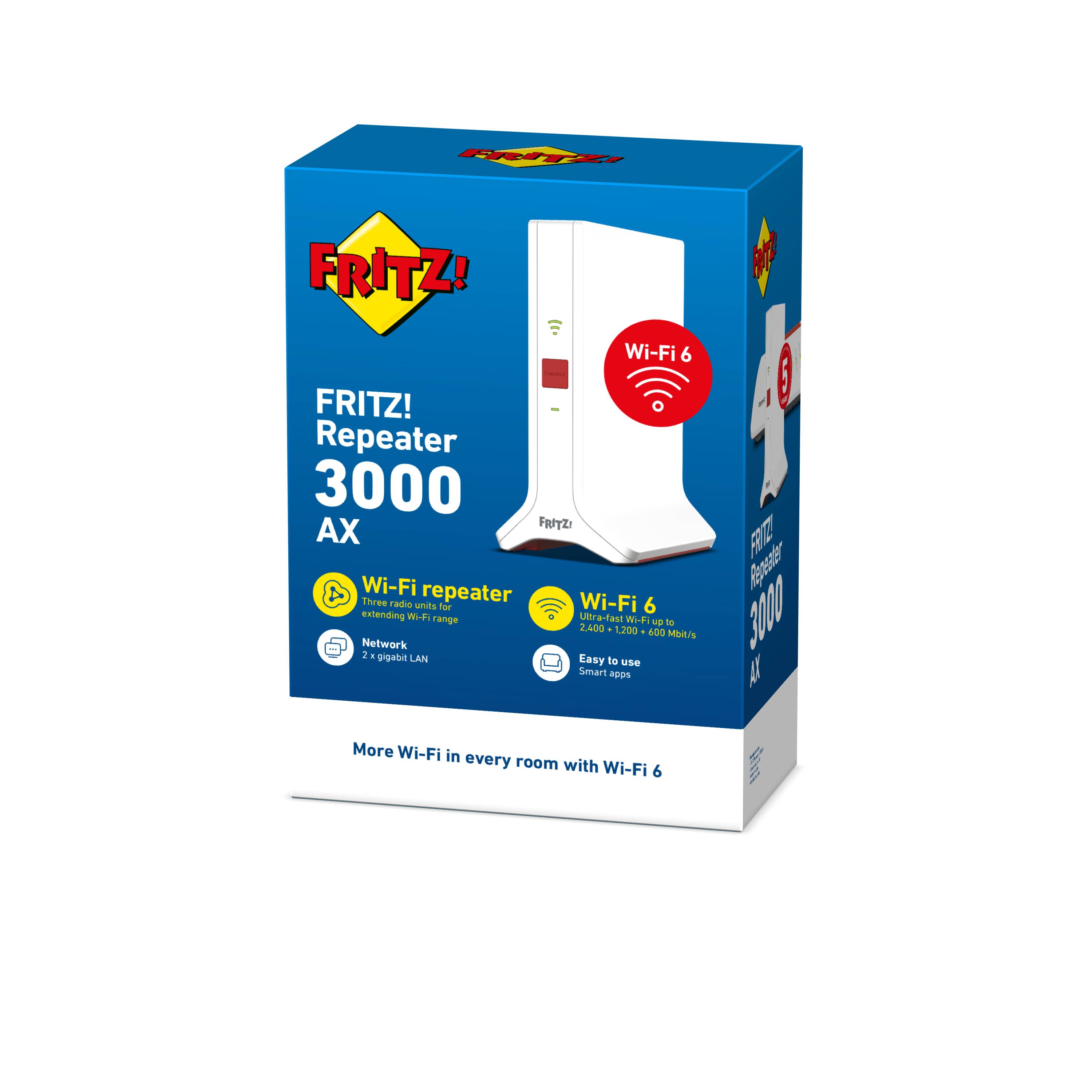 FRITZ! AVM FRITZ! Repeater 3000 AX - Wi-Fi-Range-Extender - 1GbE - Wi-Fi 6 - 2,4 GHz (1 Band)