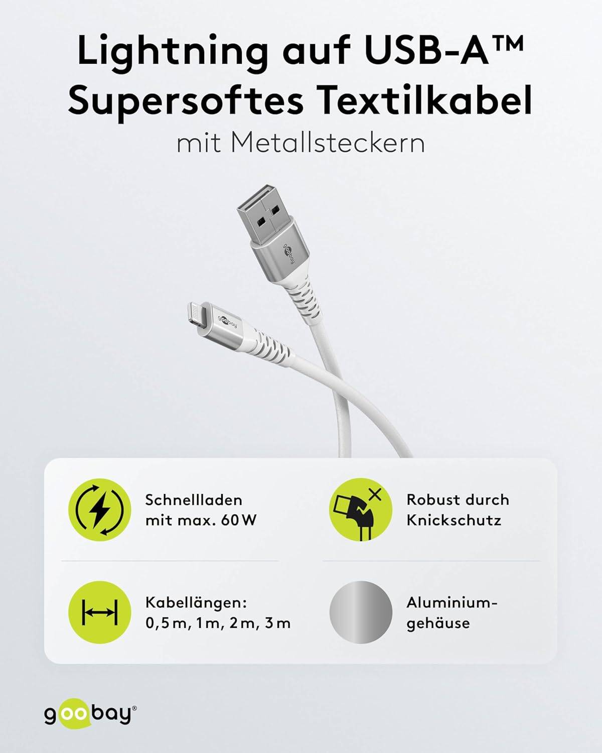 Goobay 74512 Lightning auf USB A Ladekabel 12W / softes Textilkabel 480 Mbits / USB 2.0 / Weiß / 2m