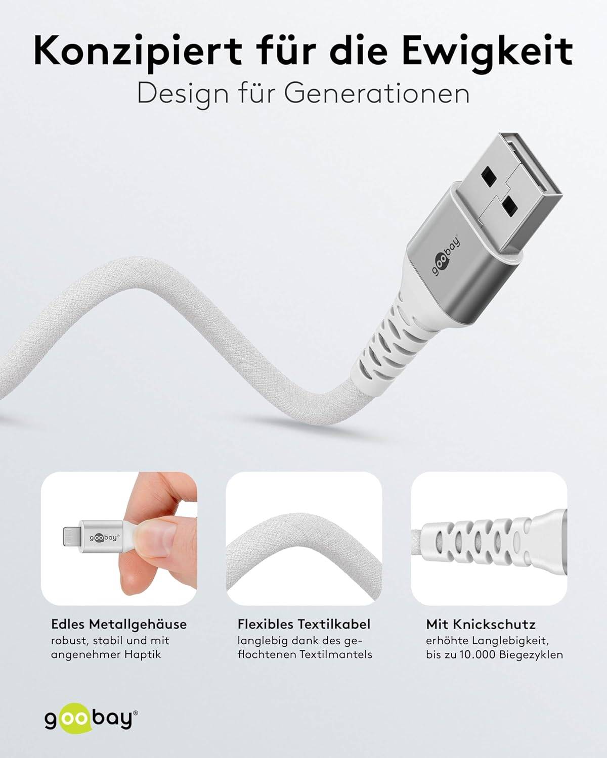 Goobay 74512 Lightning auf USB A Ladekabel 12W / softes Textilkabel 480 Mbits / USB 2.0 / Weiß / 2m
