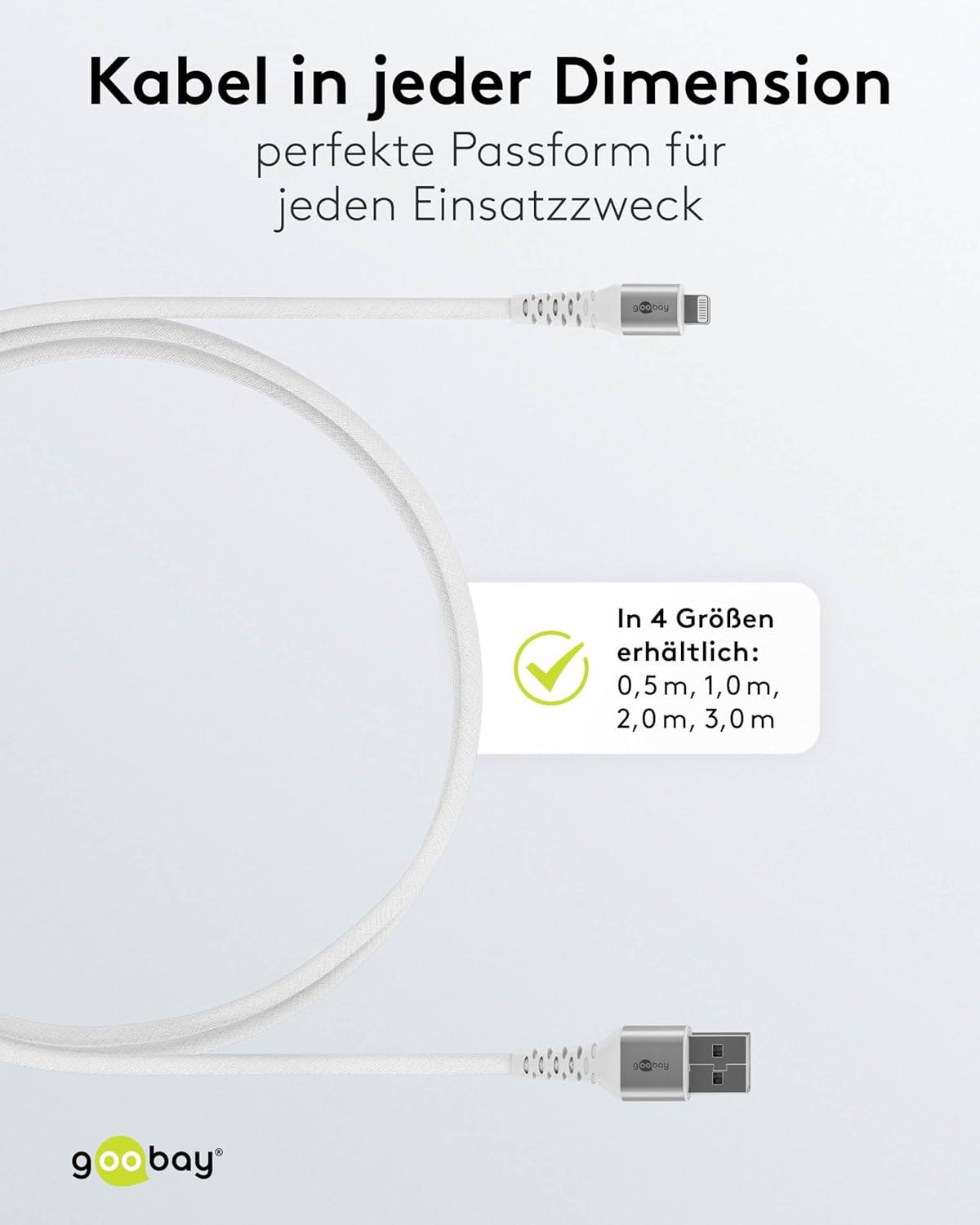 Goobay 74512 Lightning auf USB A Ladekabel 12W / softes Textilkabel 480 Mbits / USB 2.0 / Weiß / 2m