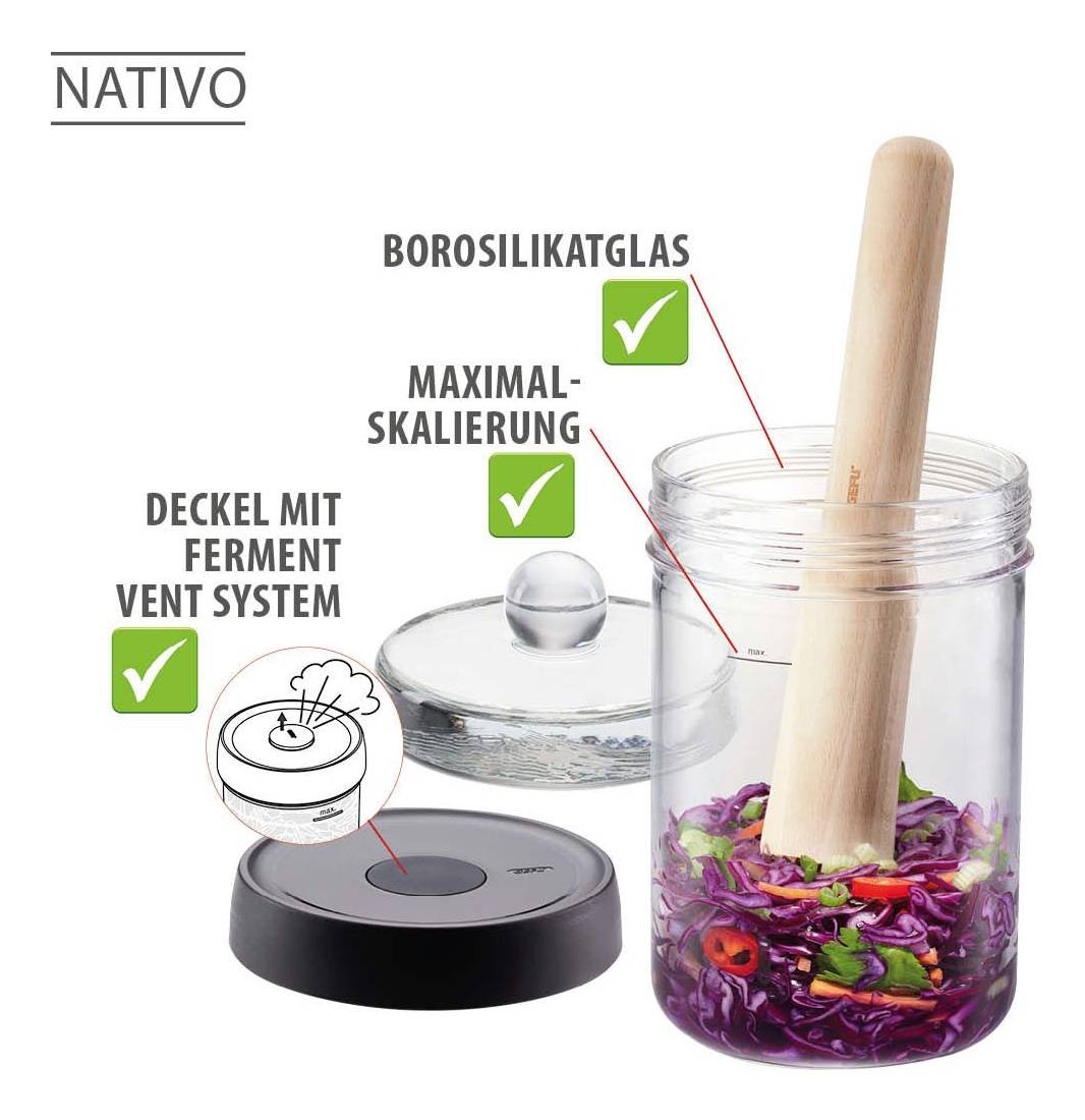 GEFU NATIVO, Gemüse, 1 l, Glas, Kunststoff, Edelstahl, Holz, Braun, Edelstahl, Transparent, 1,5 kg