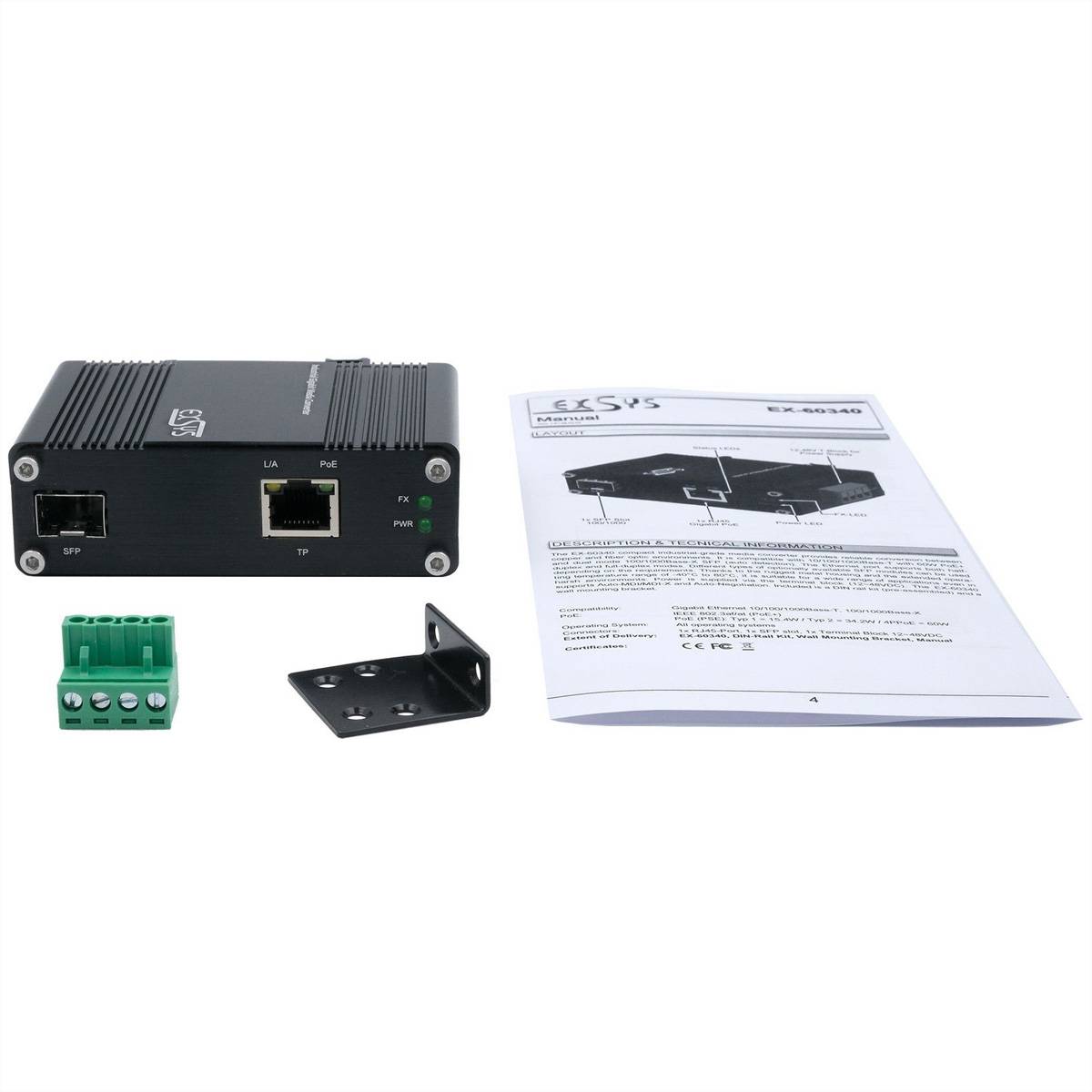 EXSYS EX-60340 PoE+ Industrial Media Konverter 60W, SFP