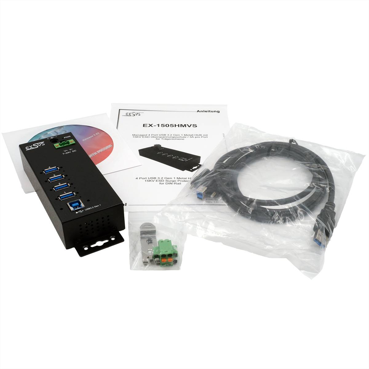 EXSYS EX-1505HMVS 4-Port USB 3.2 Gen 1 Metall Hub mit 3.0A Strom an 4 Ports