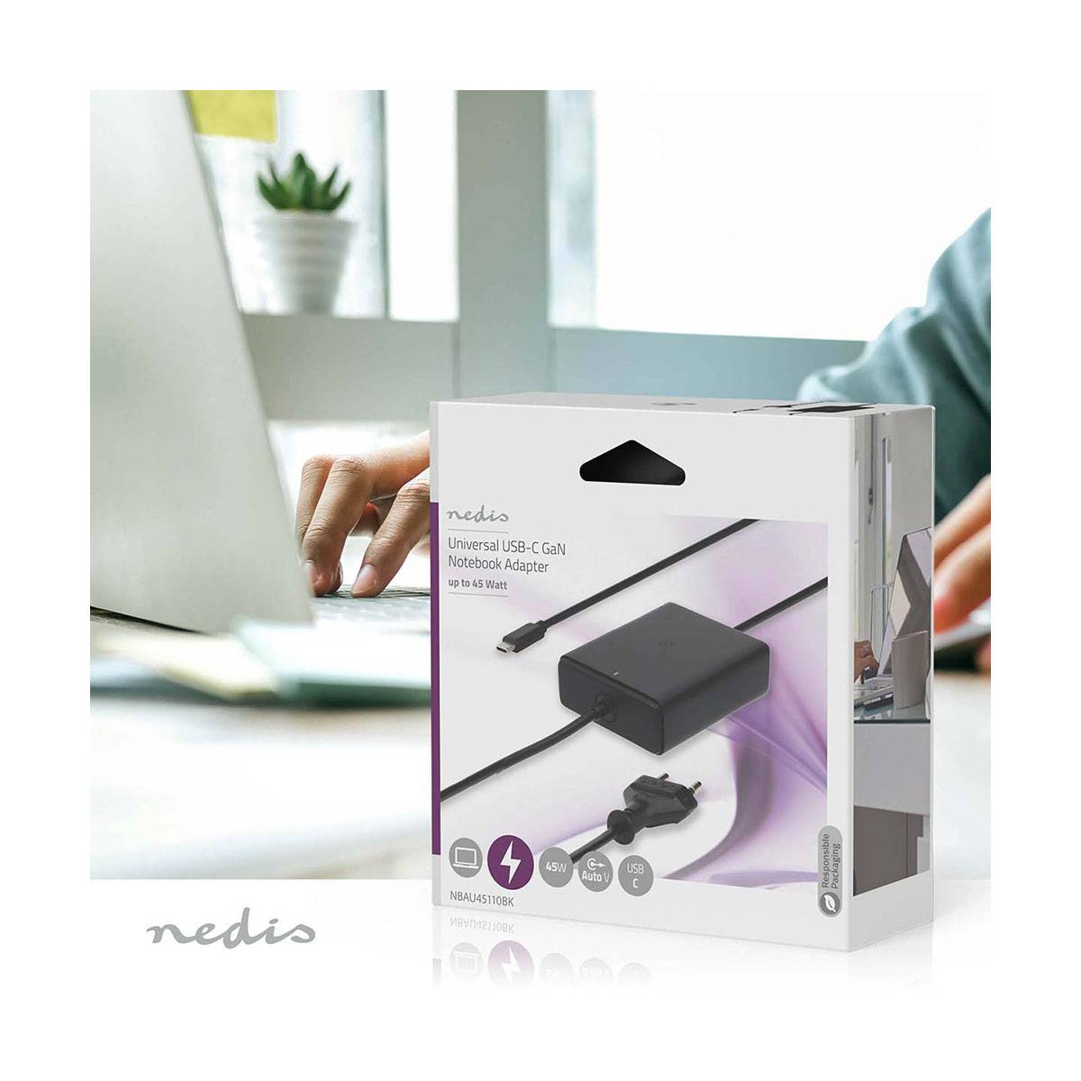 Nedis Notebook Adapter| GaN| 45 W| 5 9 12 15 20 V DC| 2.25 2.33 2.92 3.0 (NBAU45110BK)