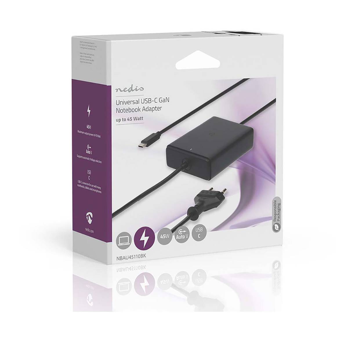 Nedis Notebook Adapter| GaN| 45 W| 5 9 12 15 20 V DC| 2.25 2.33 2.92 3.0 (NBAU45110BK)