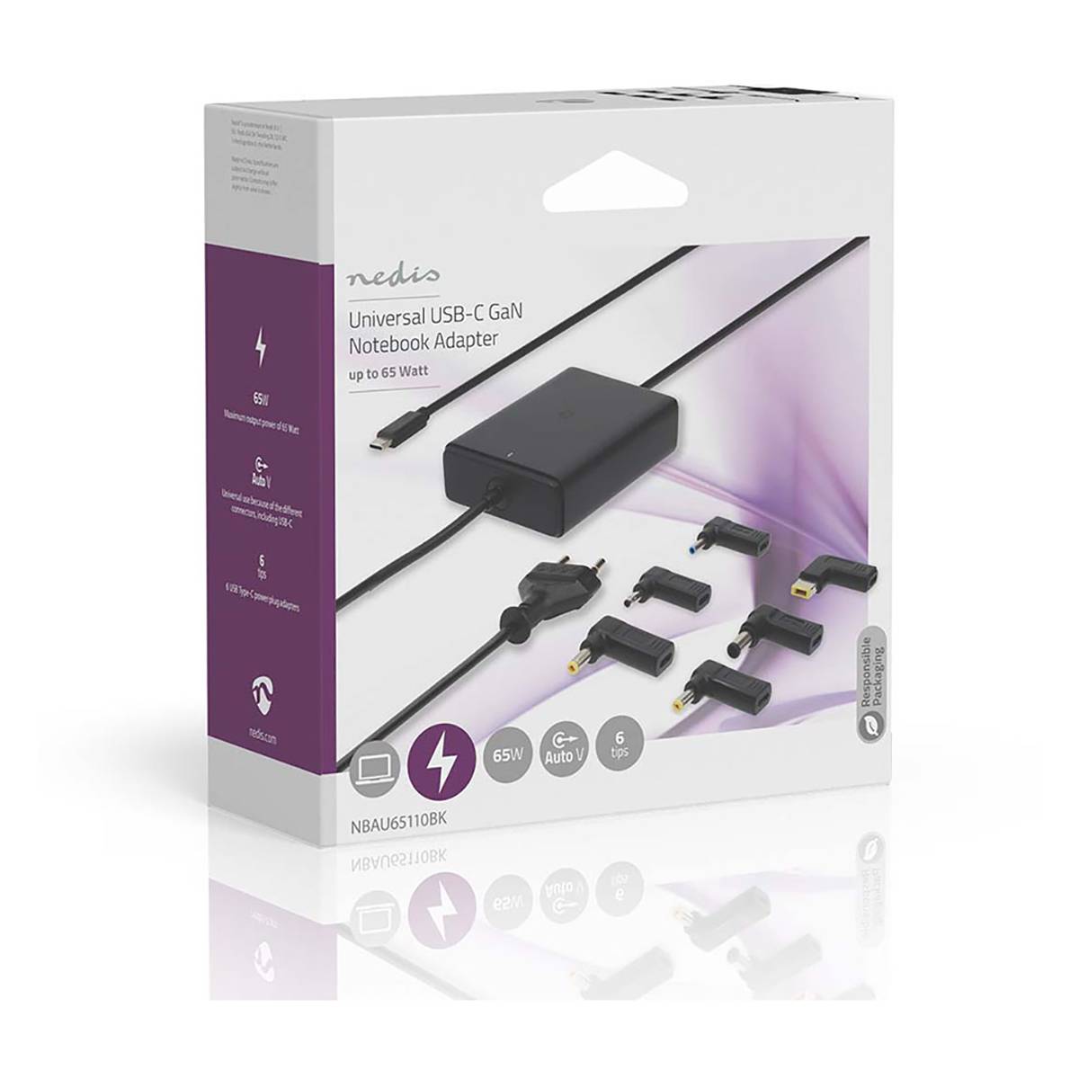Nedis NBAU65110BK, Laptop, Drinnen, 100 - 240 V, 50/60 Hz, 65 W, 20 V