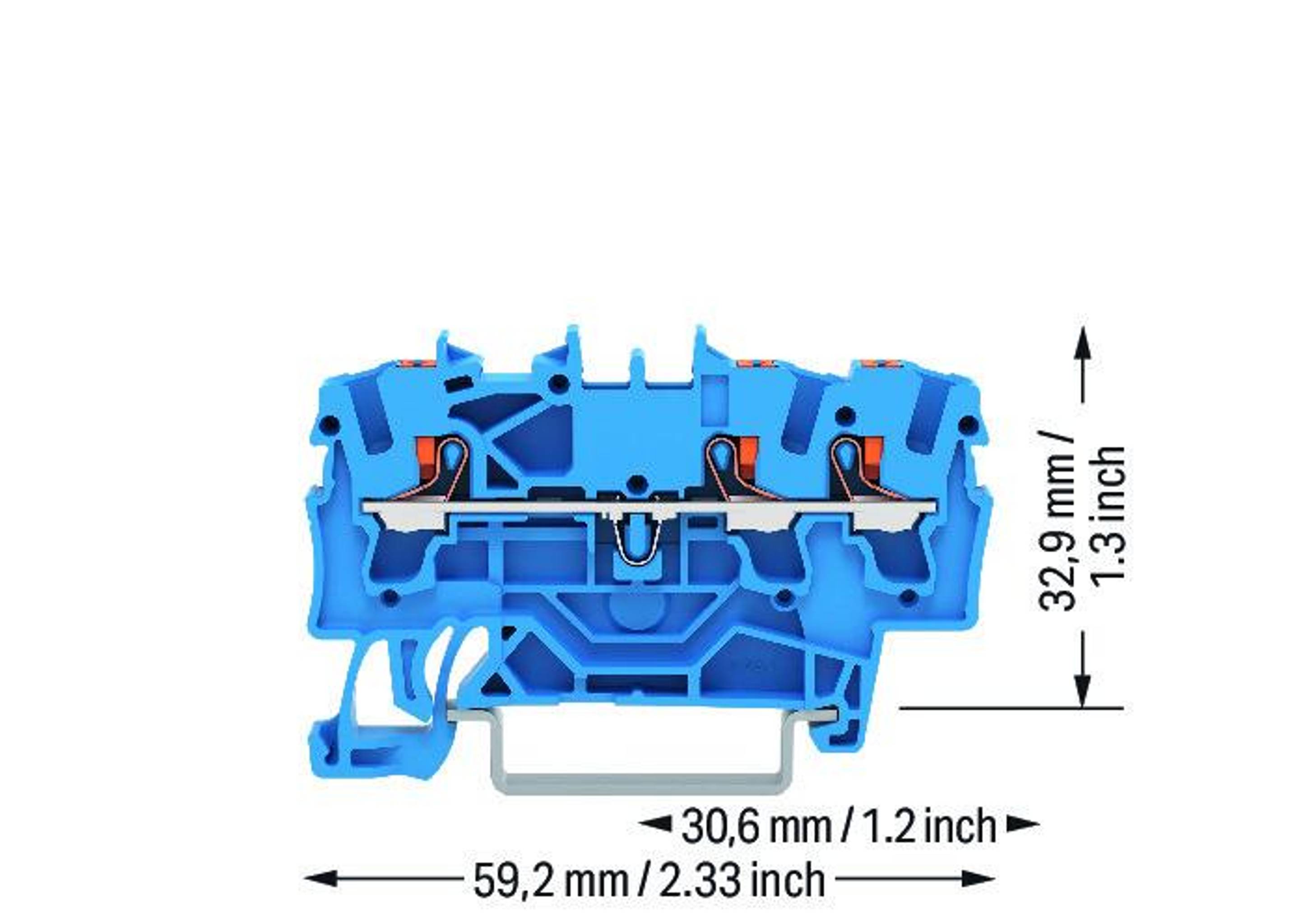 Durchgangsklemme 3Leiter Drücker 2.5qmm blau