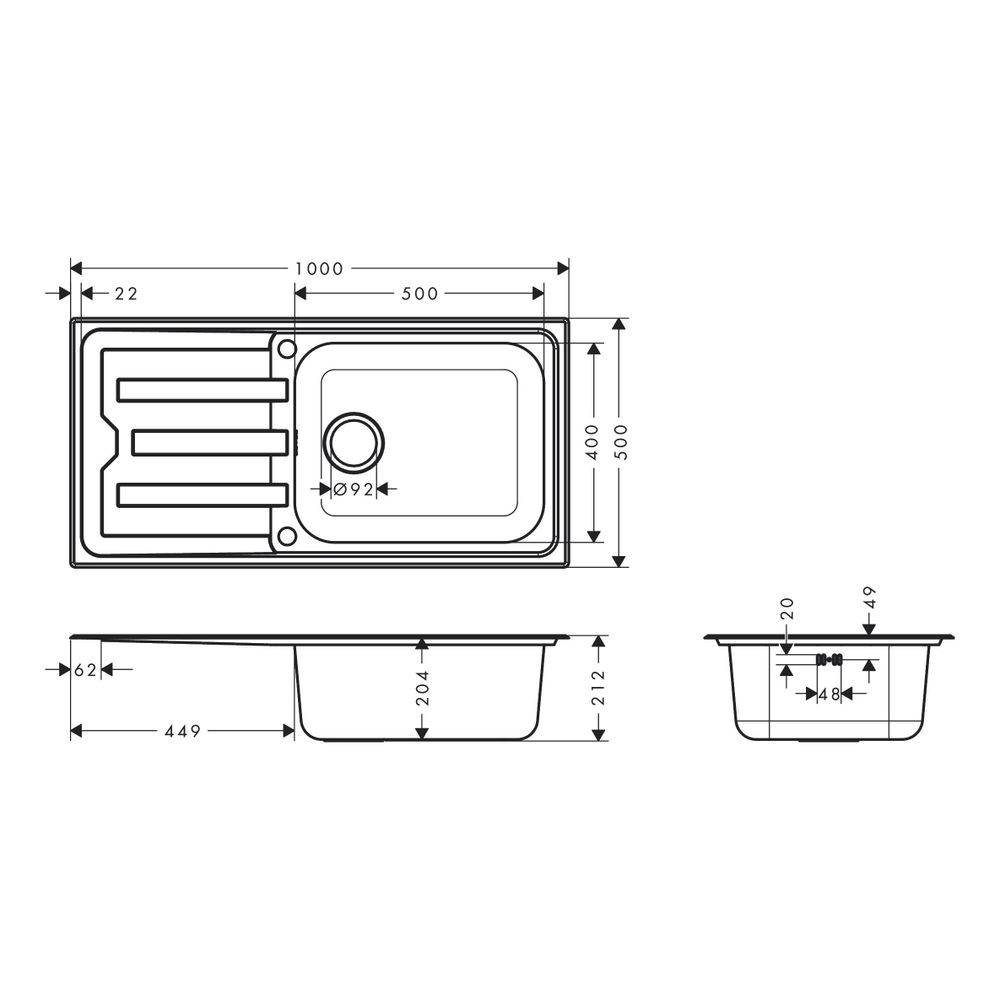 Hansgrohe Einbauspüle S44 S440-A500 100500, Abtropffläche, automatischer Garnitur, Edelstahl