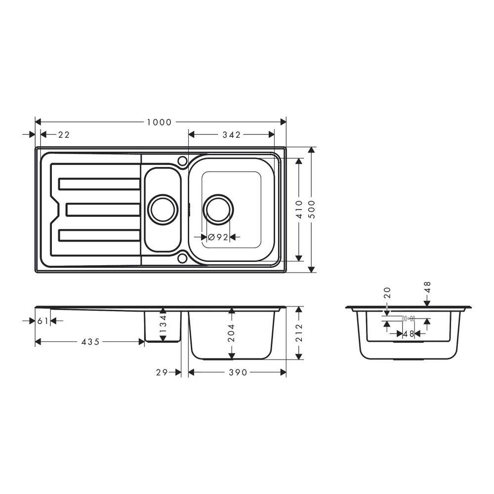 hansgrohe S44 S440-A517 100 Einbauspüle 342/145 mit Abtropffläche und automatischer Ablaufgarnitur, Edelstahl