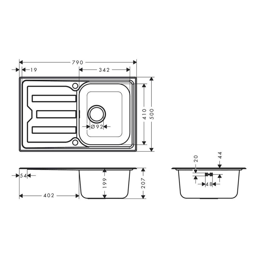 hansgrohe S44 S440-A342 79 Einbauspüle 342 mit Abtropffläche kurz und automatischer Ablaufgarnitur, Edelstahl