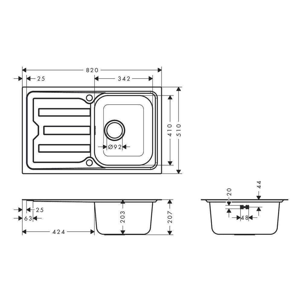 Hansgrohe Einbauspüle S44 S440-F342 79342, Abtropffläche kurz, automatischer Garnitur, Edelstahl