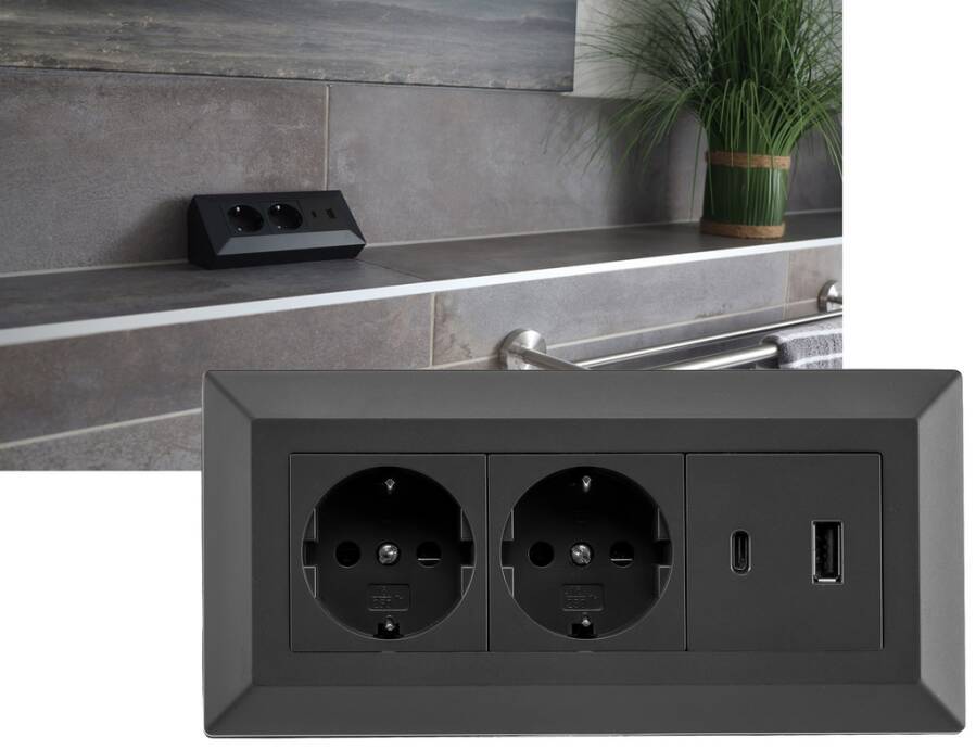 ChiliTec - 2-fach Steckdosenblock USB-A&C, silber 250V~/ 16A