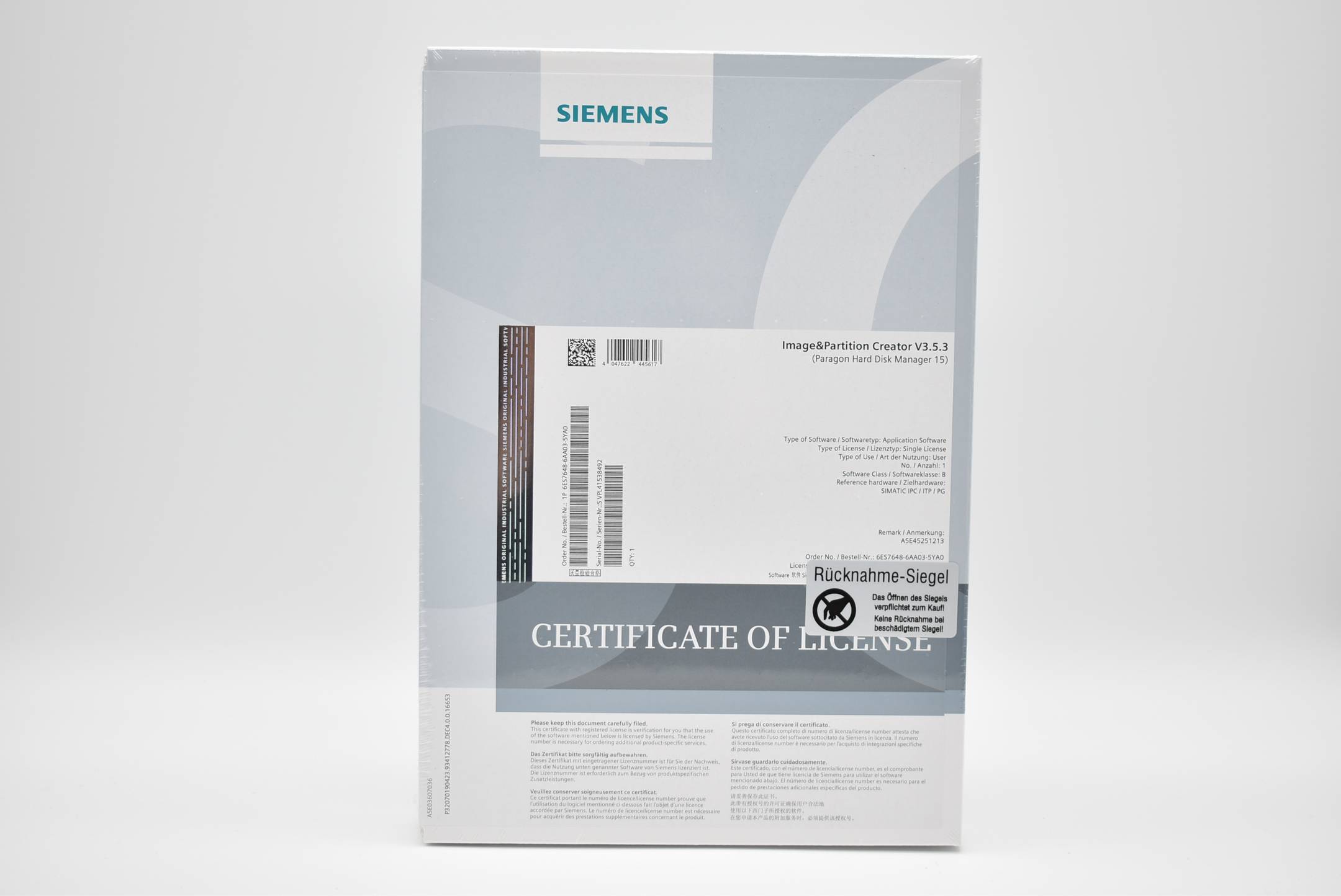 Siemens 6ES7648-6AA03-5YA0 Siemens 4047622445617 SIMATIC IPC IMAGE & PARTITION CREATOR V3.5 PREVENTIVE DATA BACKUP AND P