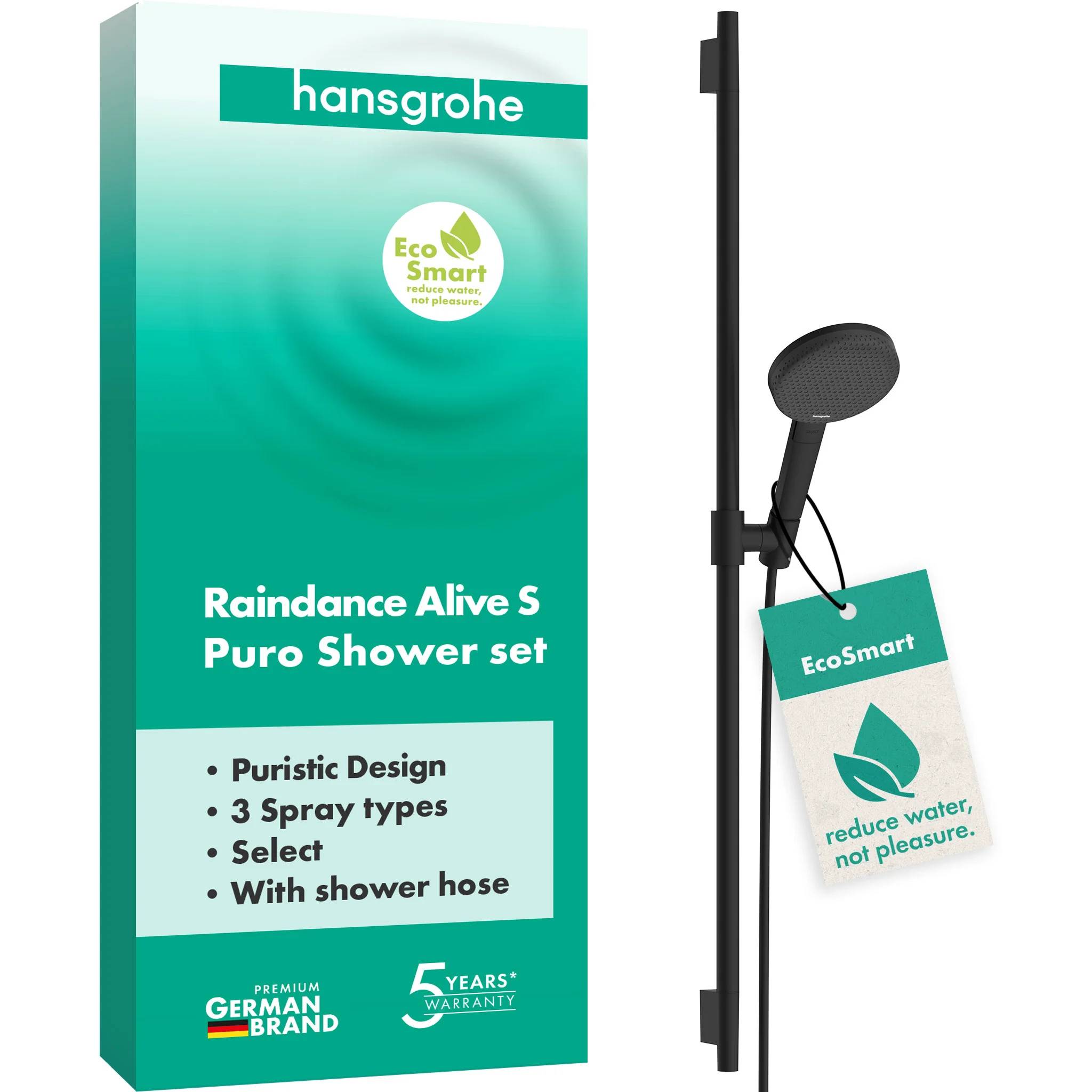 Hansgrohe Raindance Alive Select S Brauseset 125mm, 7,1l/min, 3jet EcoSmart, Brausestange Unica Puro 90cm, Mattschwarz