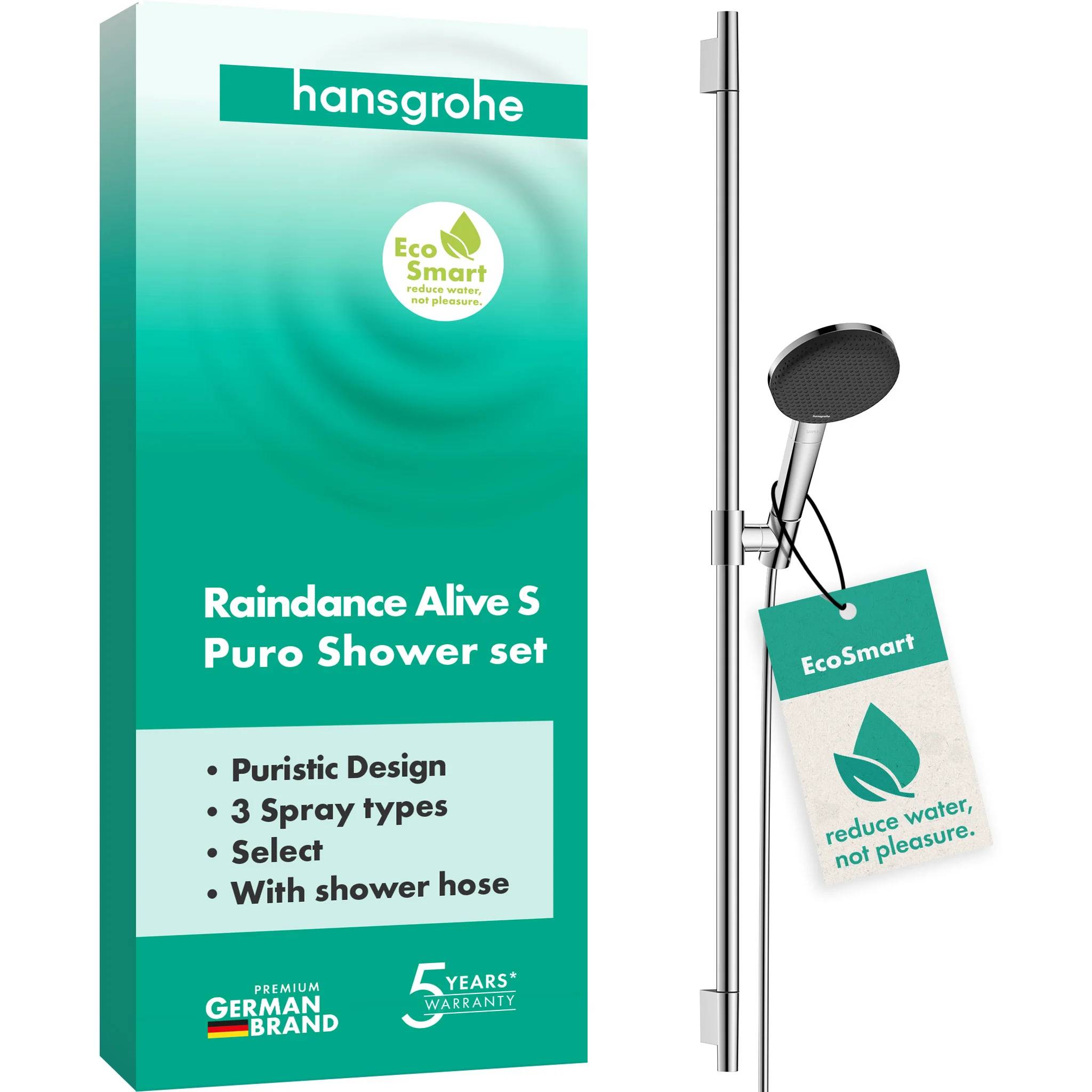 hansgrohe Raindance Alive Select S Brauseset 125 3jet EcoSmart mit Brausestange Unica S Puro 90 cm, Chrom