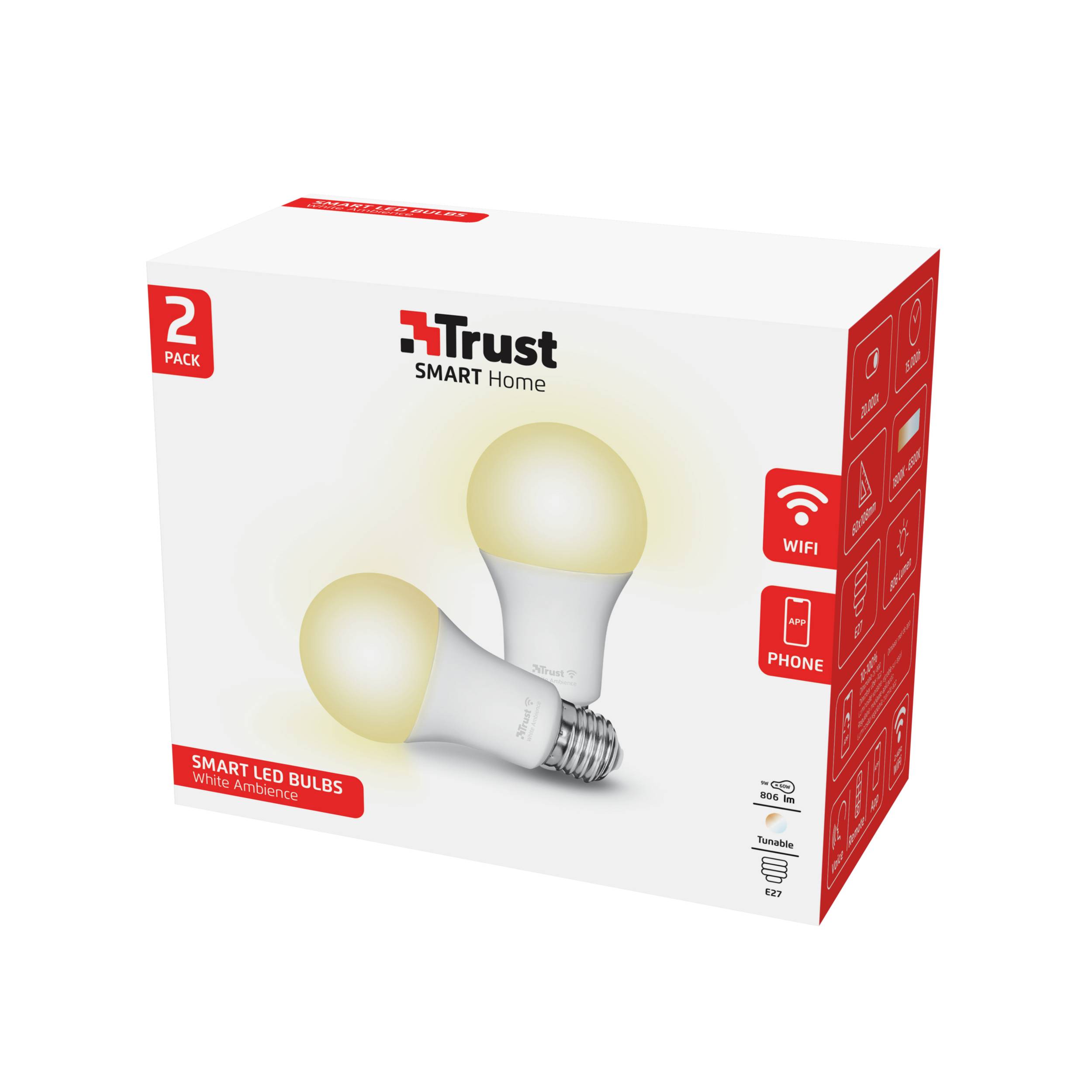 Trust Smart Home - LED-Lampe - E27 - Klasse A+ - weißes Licht - 1800-6500 K - weiß (Packung mit 2)