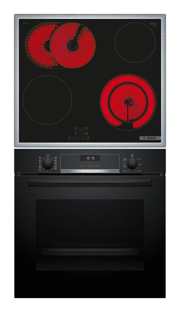 Bosch HBG537BB4 + PKN645BA2E, Keramik, 4 Zone(n), Glaskeramik, Schwarz, Berührung, 58,3 cm