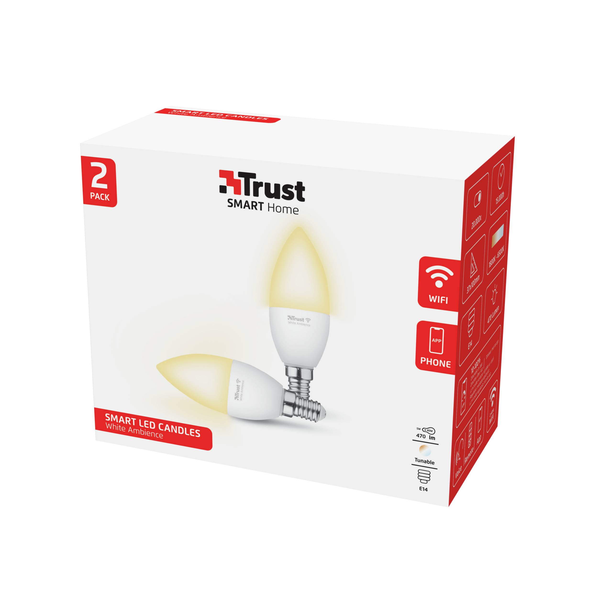 Trust Smart Home - LED-Lampe - E14 - Klasse A+ - weißes Licht - 1800-6500 K - Kerze - weiß (Packung mit 2)