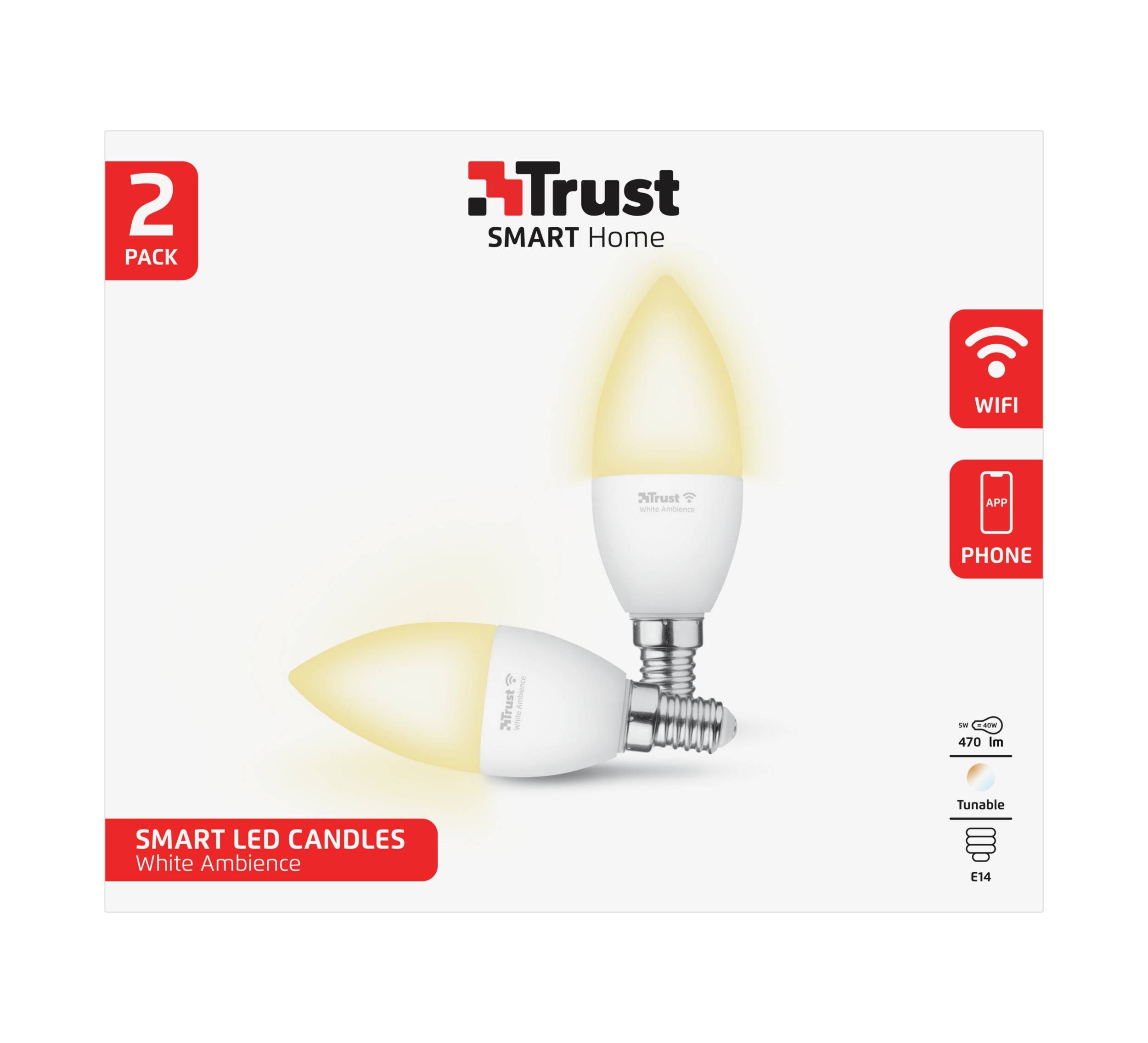 Trust Smart Home - LED-Lampe - E14 - Klasse A+ - weißes Licht - 1800-6500 K - Kerze - weiß (Packung mit 2)