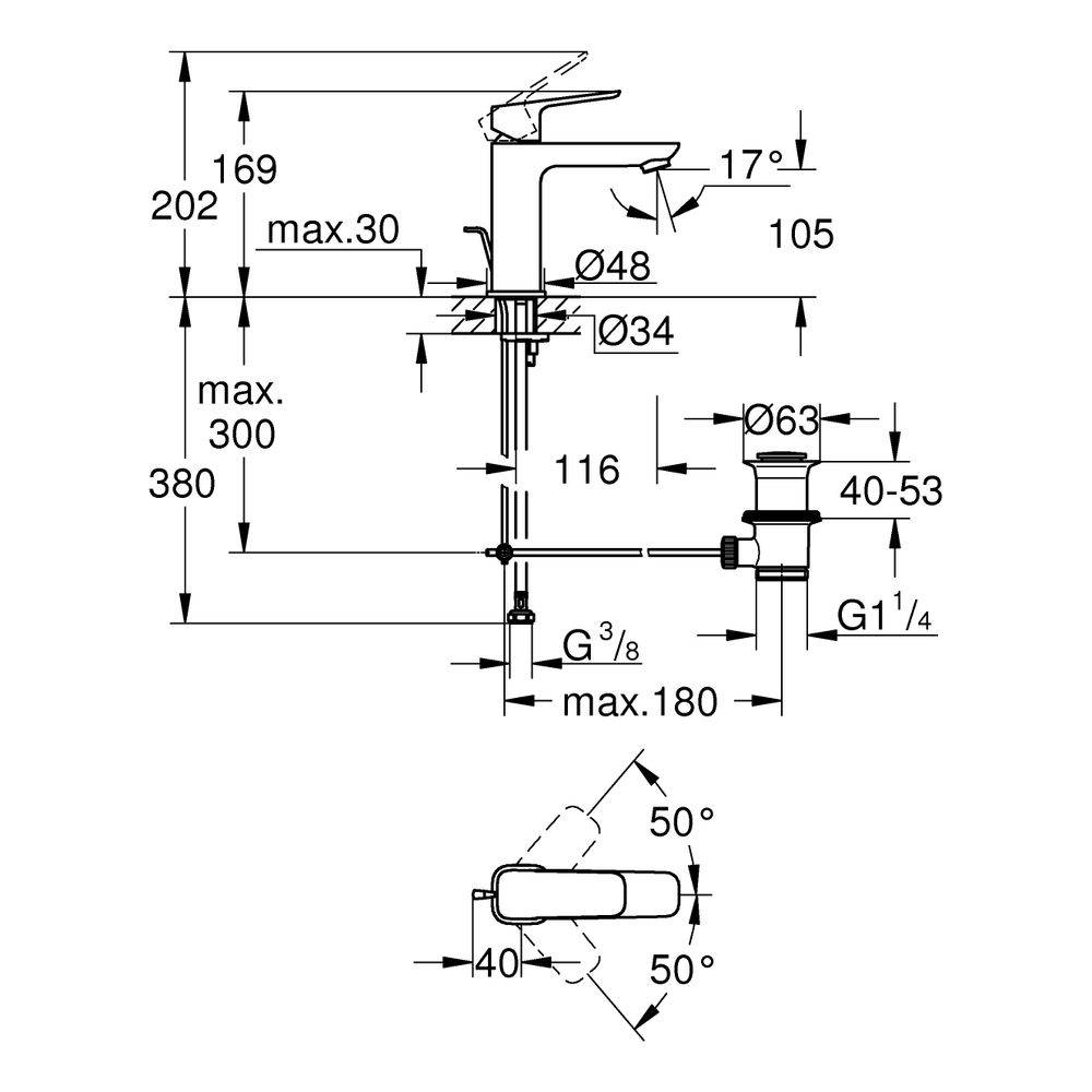 Grohe Cubeo Einhand-Waschtischbatterie M-Size, 1-Loch-Montage, mit Zugstangen-Ablaufgarnitur, Chrom, 1017490000