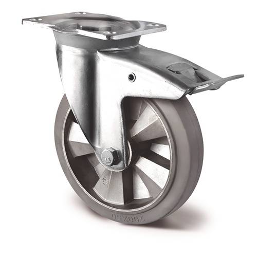Schwerlastlenkrolle D.200mm Trgf.500kg Festst.Elastikgummi Bau-H.255mm TECWERK