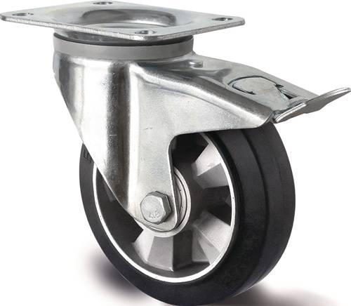 Schwerlastlenkrolle D.200mm Trgf.500kg Festst.Elastikgummi Bau-H.245mm TECWERK