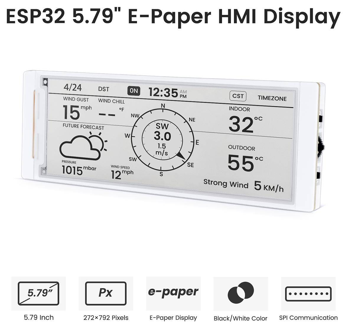 Elecrow CrowPanel E-Paper HMI Display, 5.79 Zoll, 272x792 Auflösung, ESP32-S3, SPI, Schwarz-Weiß
