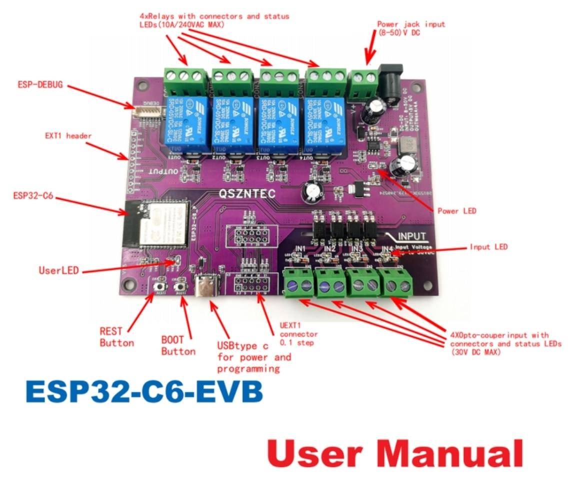 Elecrow ESP32-C6-EVB Board, Wi-Fi 6 und Bluetooth 5, 4 Relais, 4 opto-isolierte Eingänge, 10A/240VAC