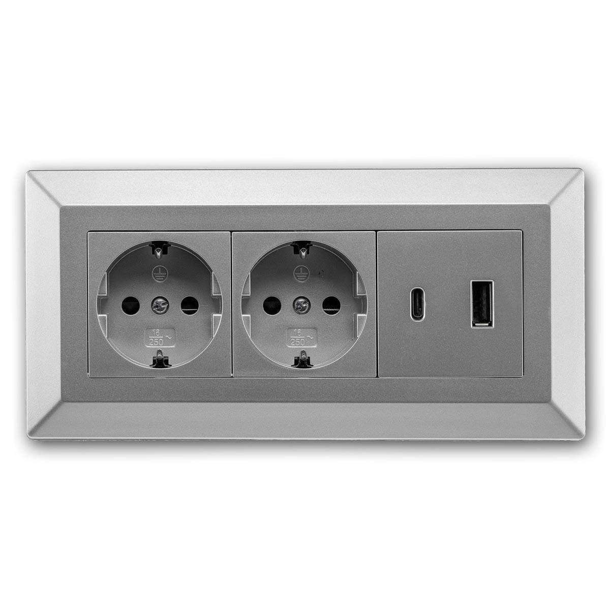 ChiliTec - 2-fach Steckdosenblock USB-A&C, silber 250V~/ 16A