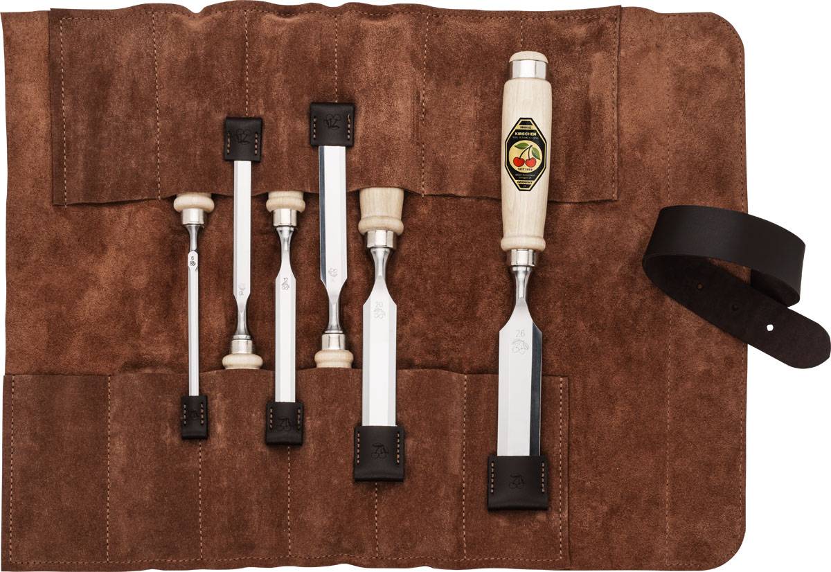 Stechbeitelsatz 6,10,12,16,20,26mm Weißbuchenh.6-tlg.Ledertasche KIRSCHEN
