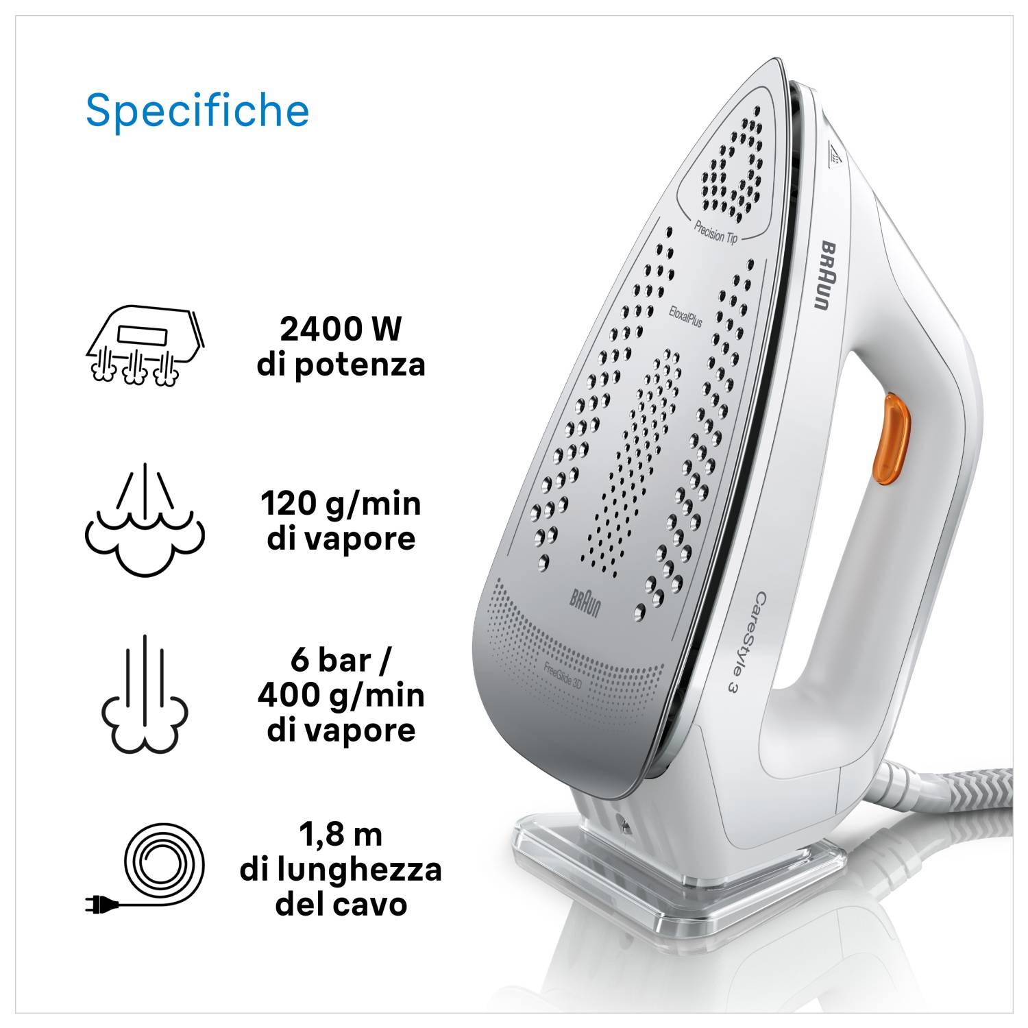 Braun CareStyle 3 IS3132WH, 2400 W, 400 g/min, EloxalPlus soleplate, 6 bar, 2 l, 120 g/min