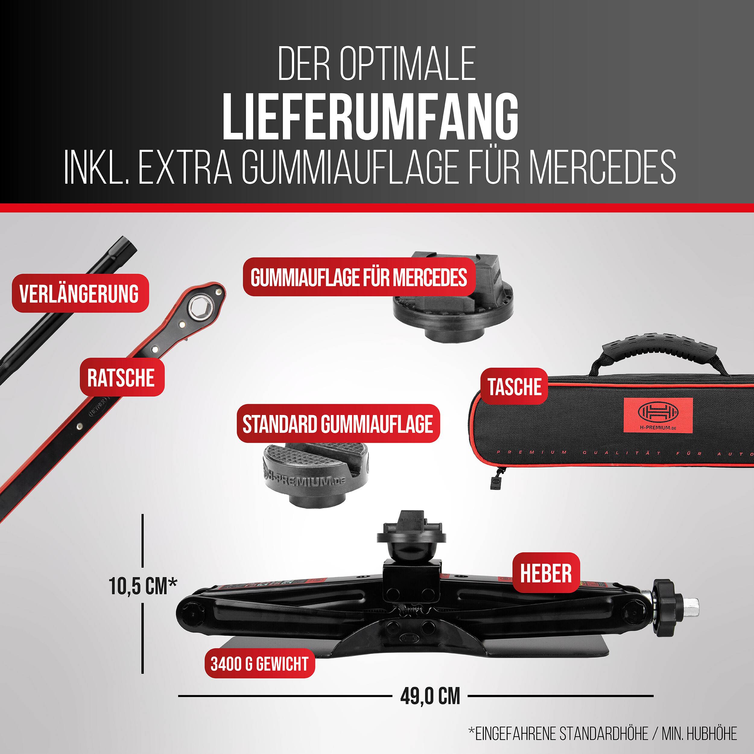 HEYNER® Scherenwagenheber 2 t für Mercedes, 125-470 mm 17 mm E‑Klasse W214 2023-, runder Sattel